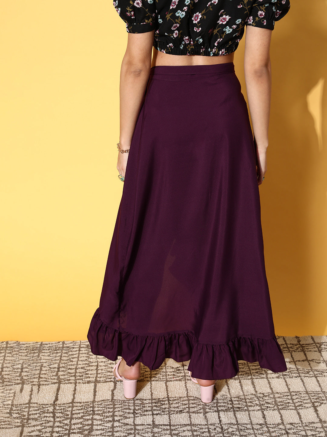 Women Purple Solid Frills Skirt