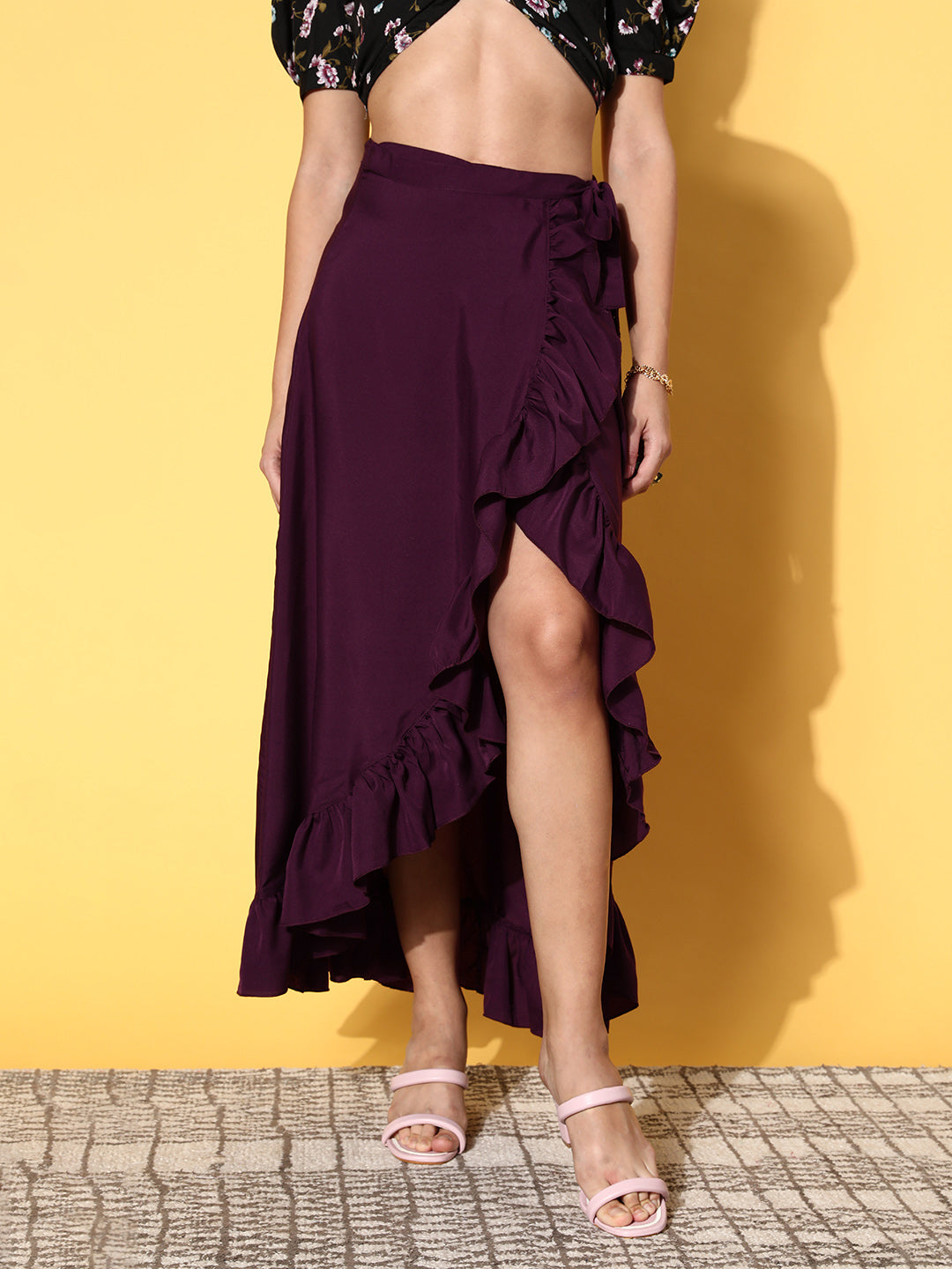 Women Purple Solid Frills Skirt