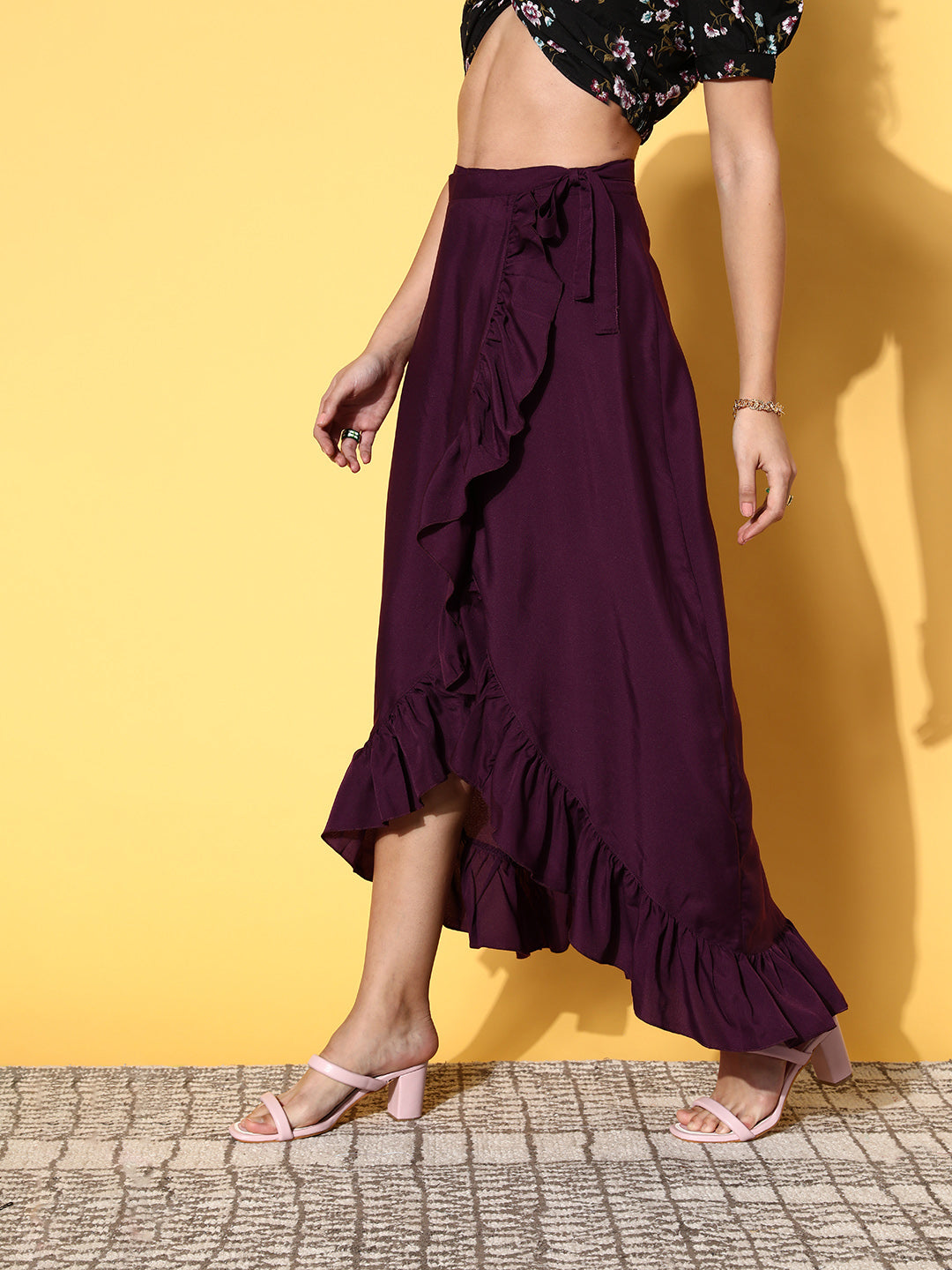 Women Purple Solid Frills Skirt