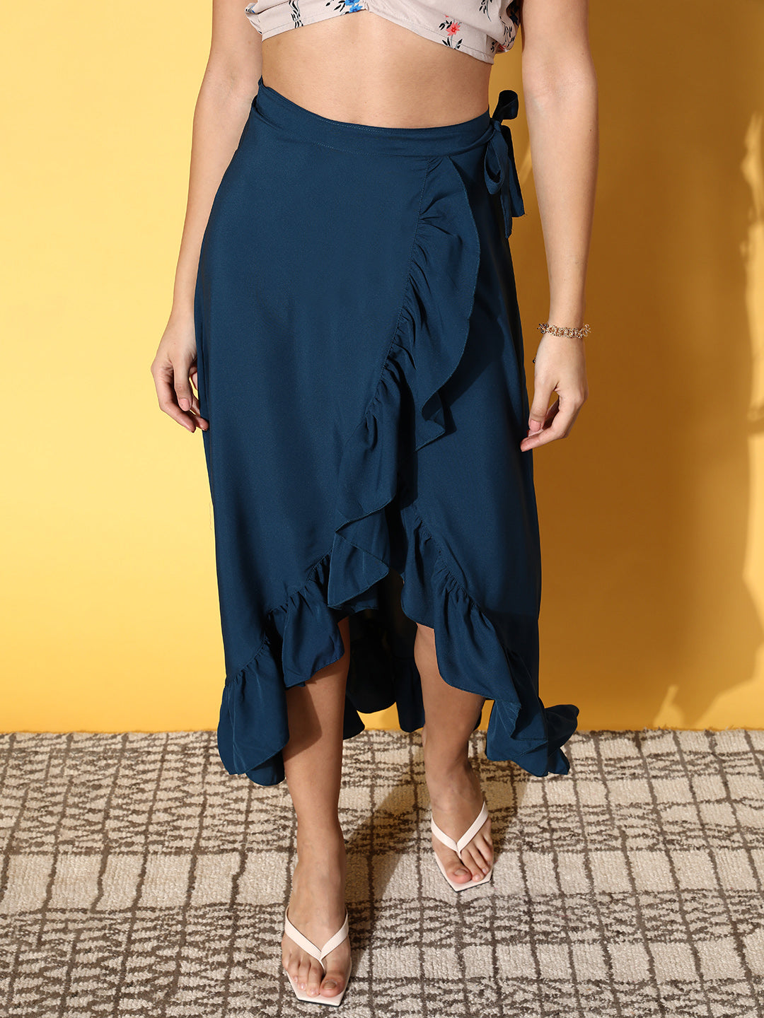 Women Deep Navy Blue Solid Frills Skirt