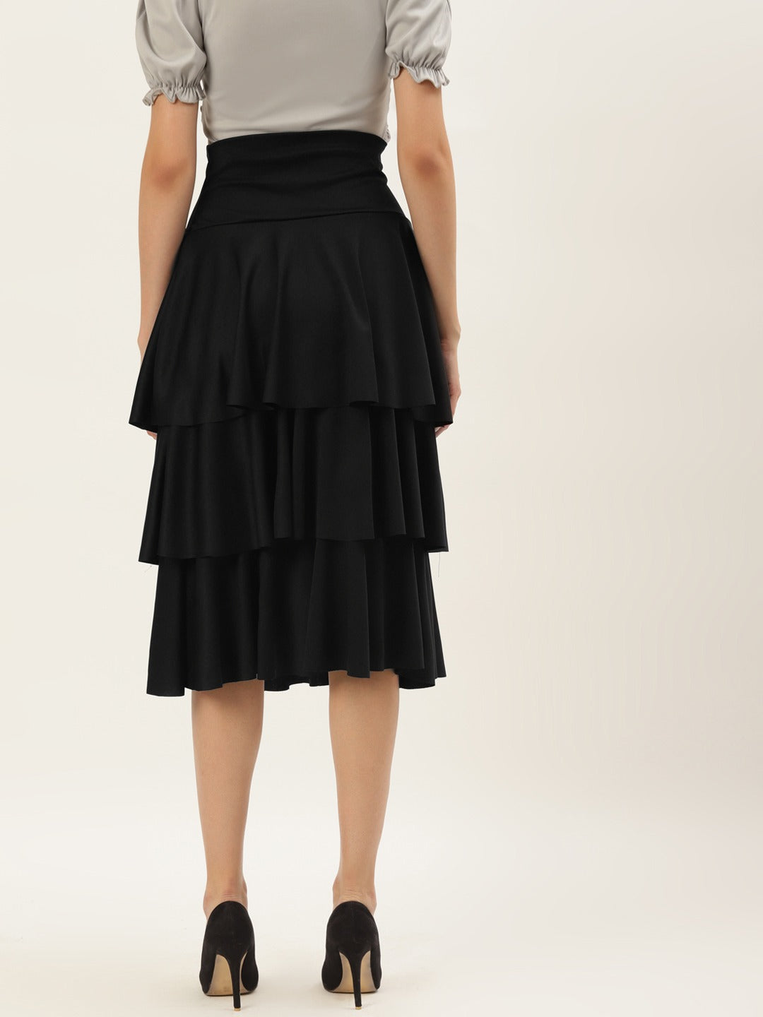 Women Black Solid Flared Knee Length Skirt