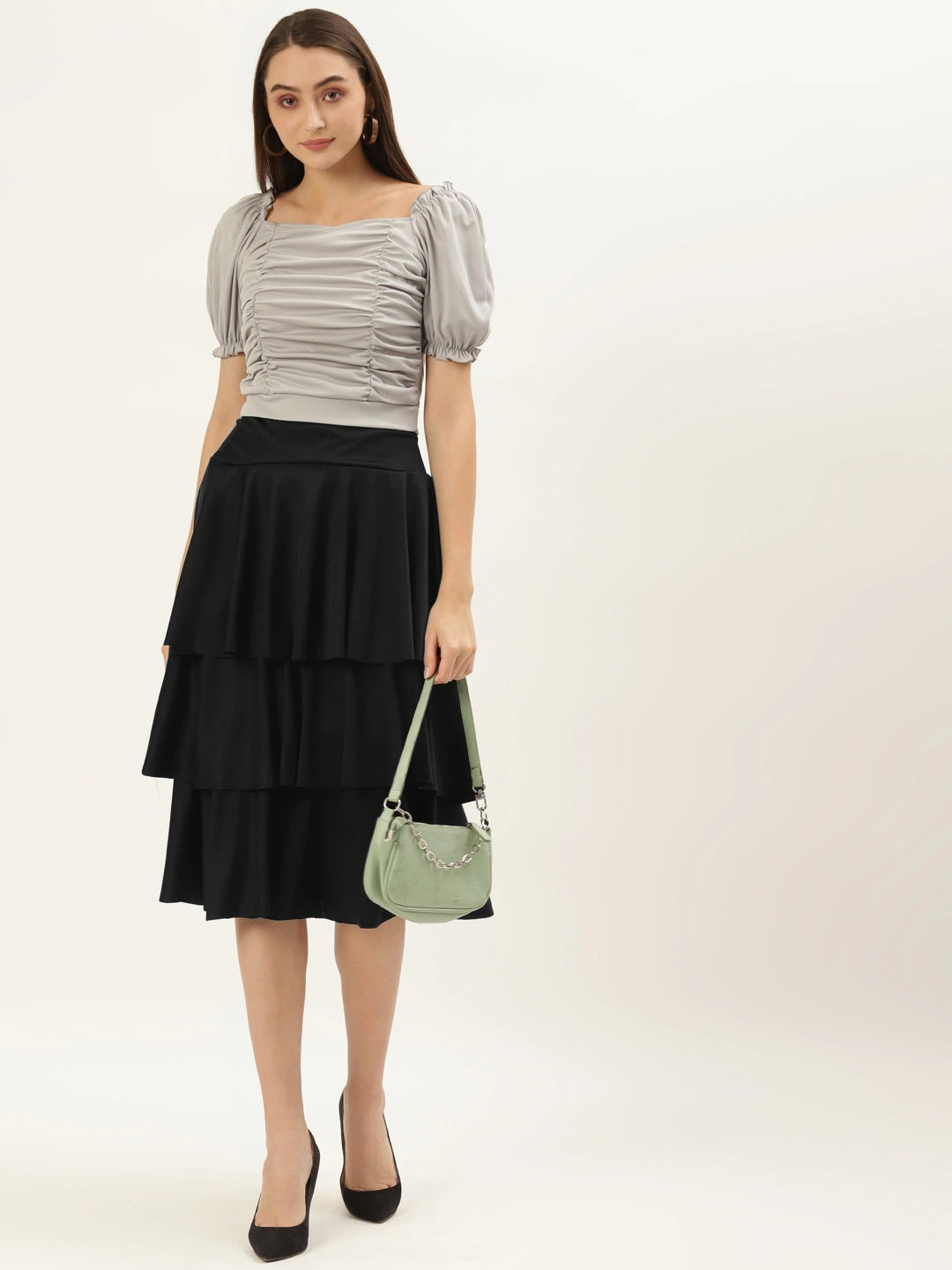 Women Black Solid Flared Knee Length Skirt