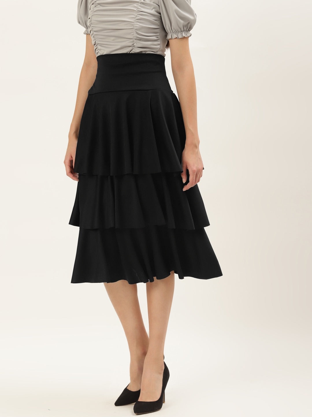 Women Black Solid Flared Knee Length Skirt