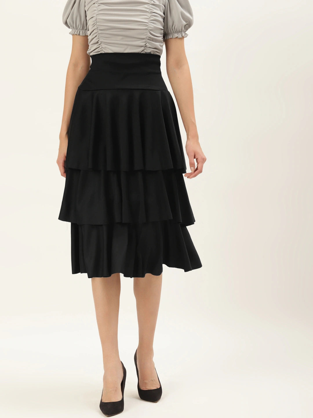 Women Black Solid Flared Knee Length Skirt