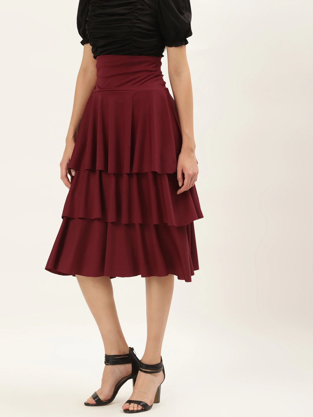 Women Maroon Solid Flared Knee Length Skirt