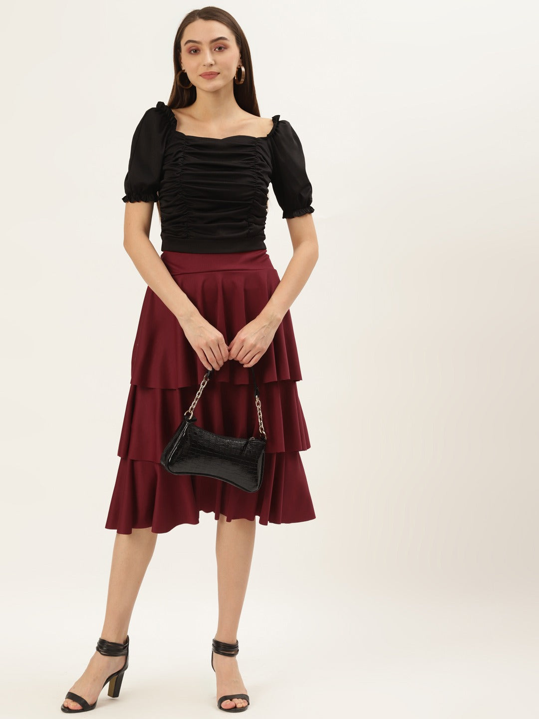 Women Maroon Solid Flared Knee Length Skirt
