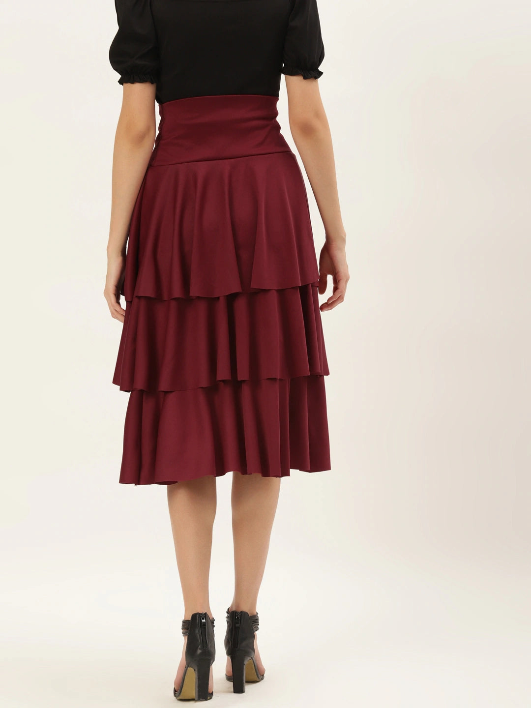 Women Maroon Solid Flared Knee Length Skirt