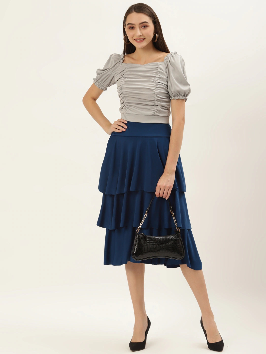 Women Navy Blue Solid Flared Knee Length Skirt