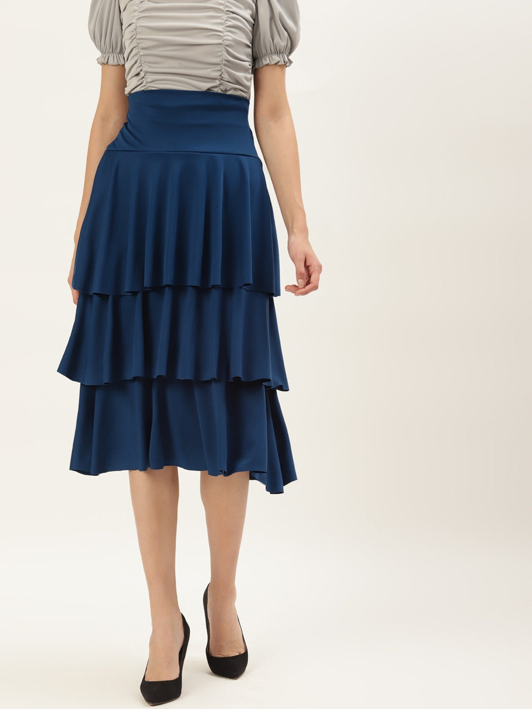 Women Navy Blue Solid Flared Knee Length Skirt