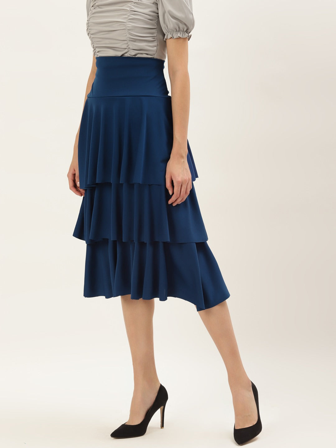 Women Navy Blue Solid Flared Knee Length Skirt