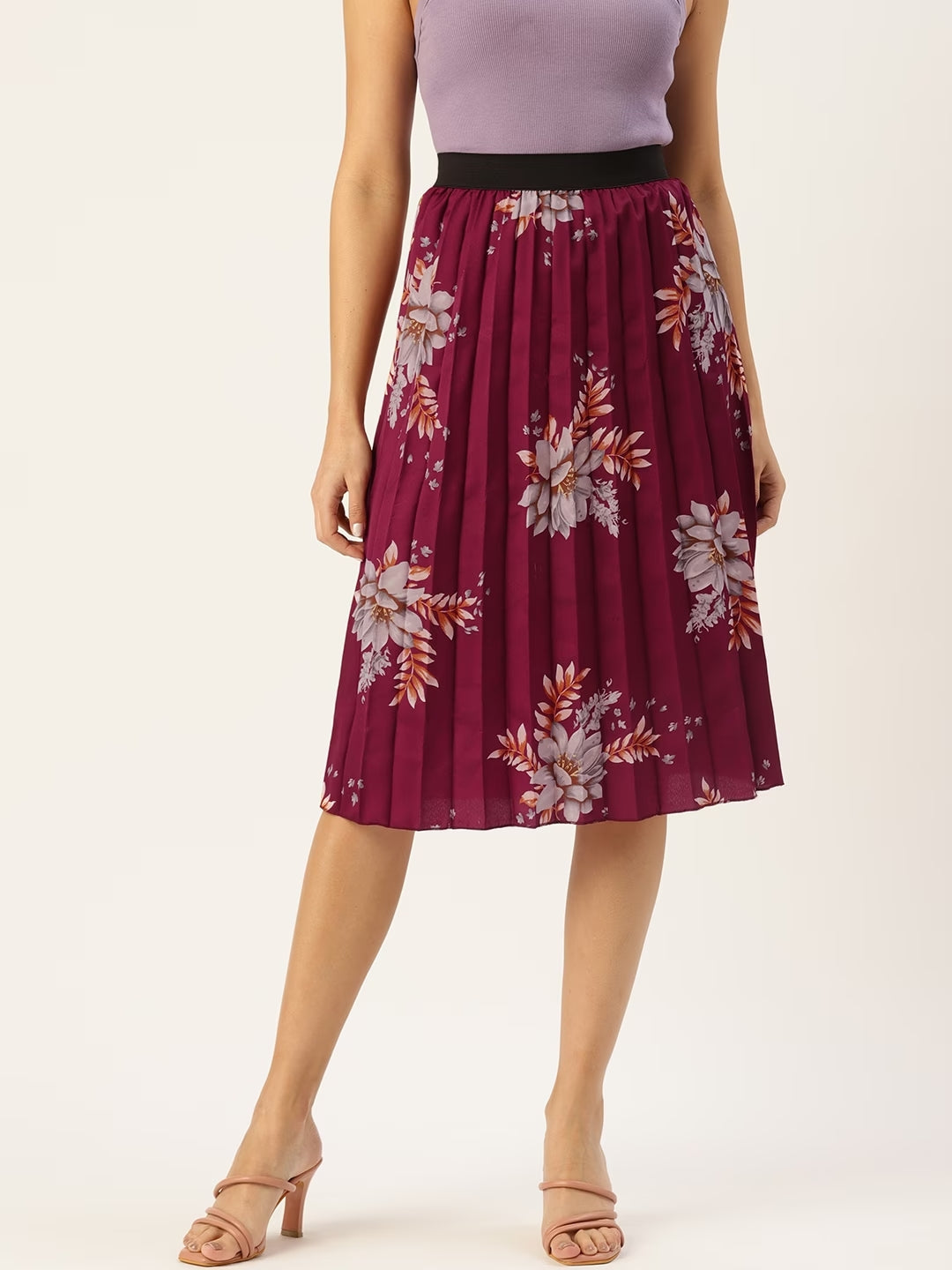 Women Floral Print Flared Pleated A-Line Midi Skirt