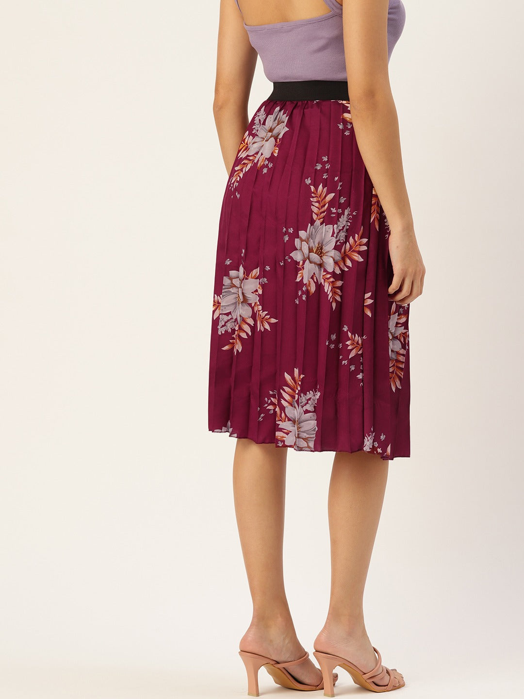 Women Floral Print Flared Pleated A-Line Midi Skirt