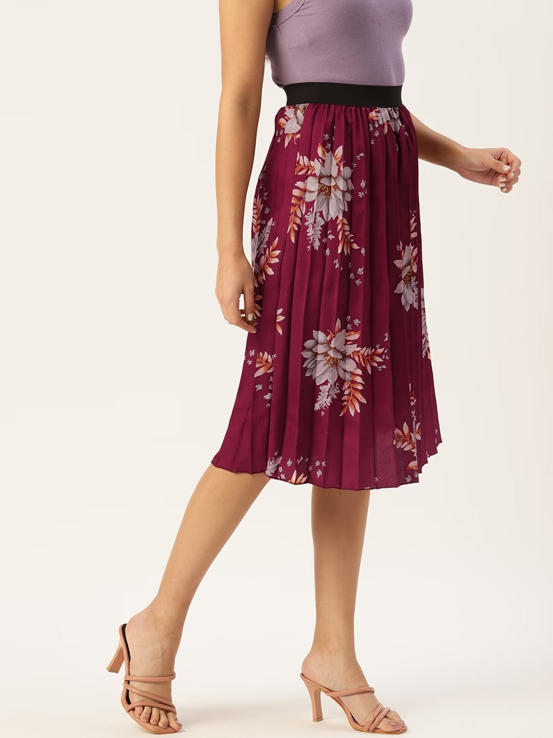 Women Floral Print Flared Pleated A-Line Midi Skirt