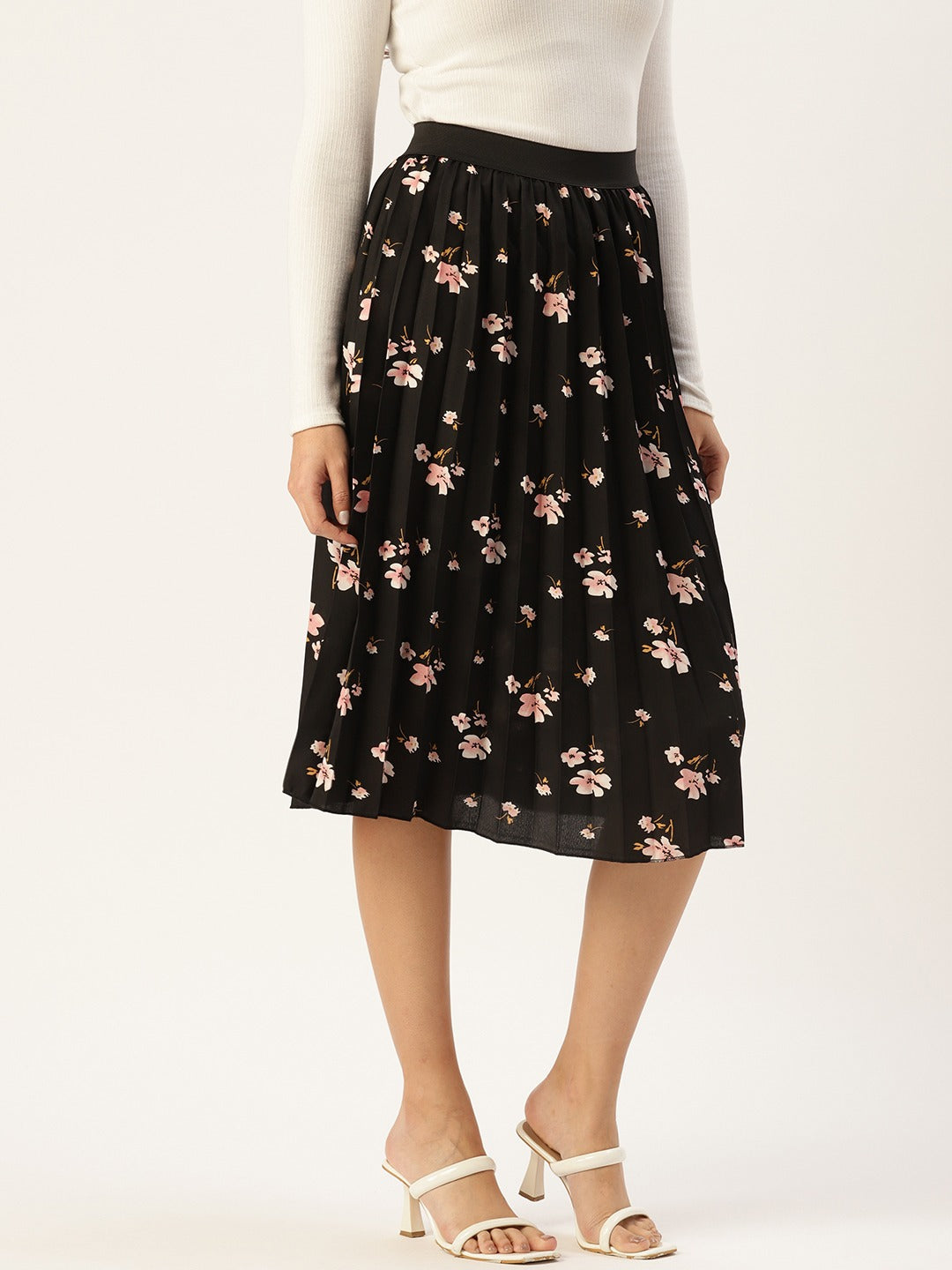 Women Floral Print Flared Pleated A-Line Midi Skirt