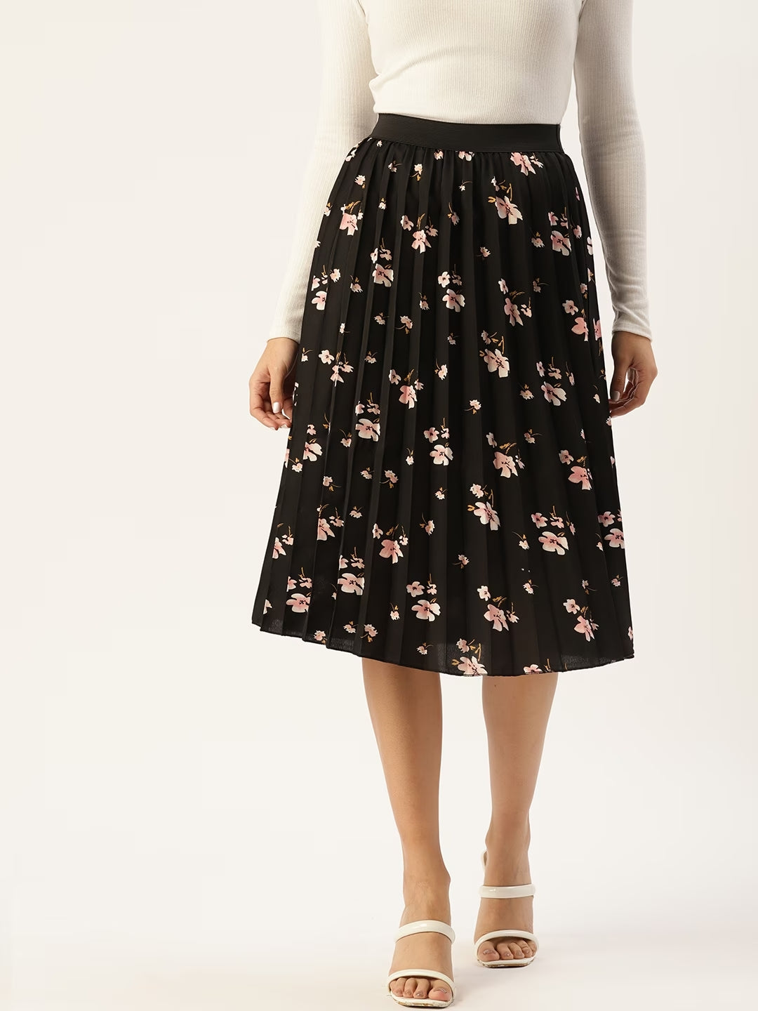 Women Floral Print Flared Pleated A-Line Midi Skirt