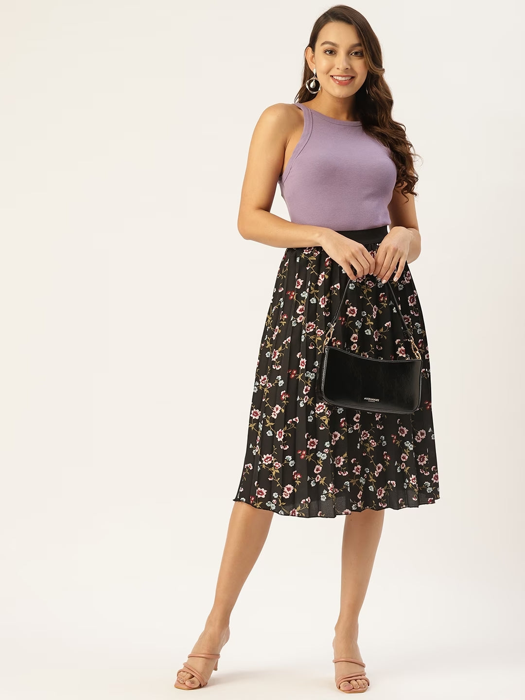 Women Floral Print Flared Pleated A-Line Midi Skirt