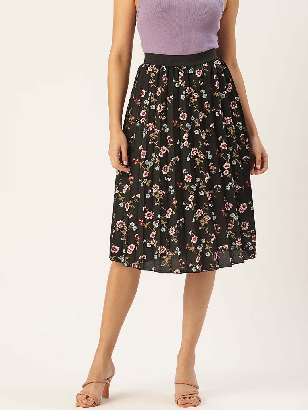 Women Floral Print Flared Pleated A-Line Midi Skirt