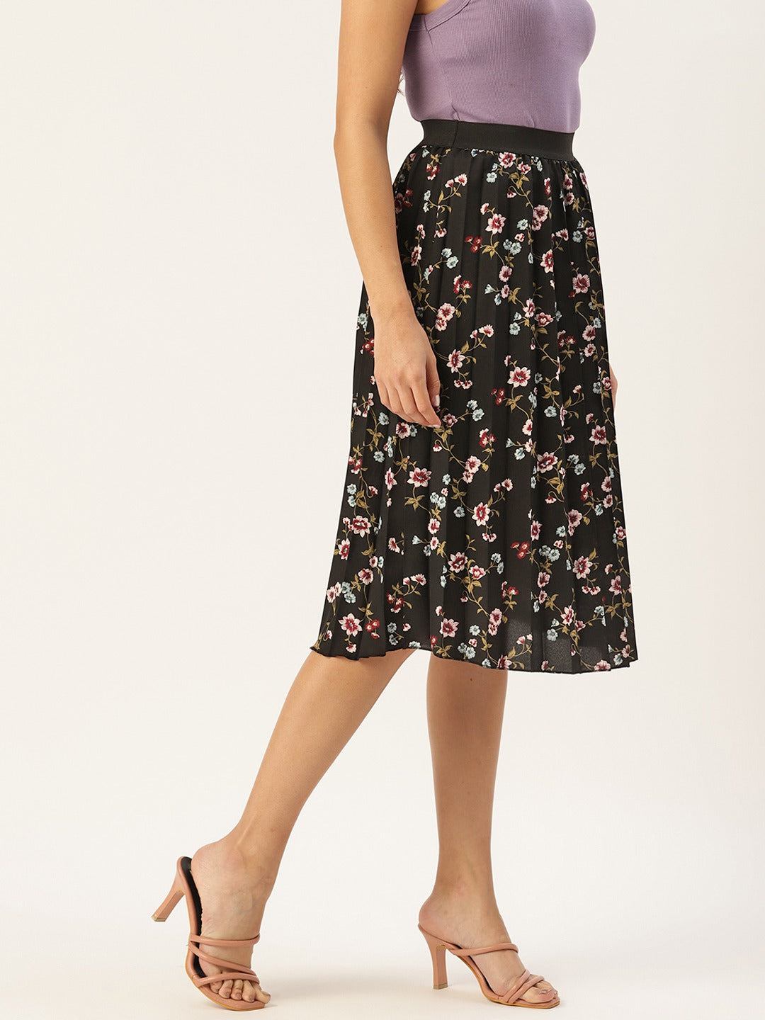 Women Floral Print Flared Pleated A-Line Midi Skirt