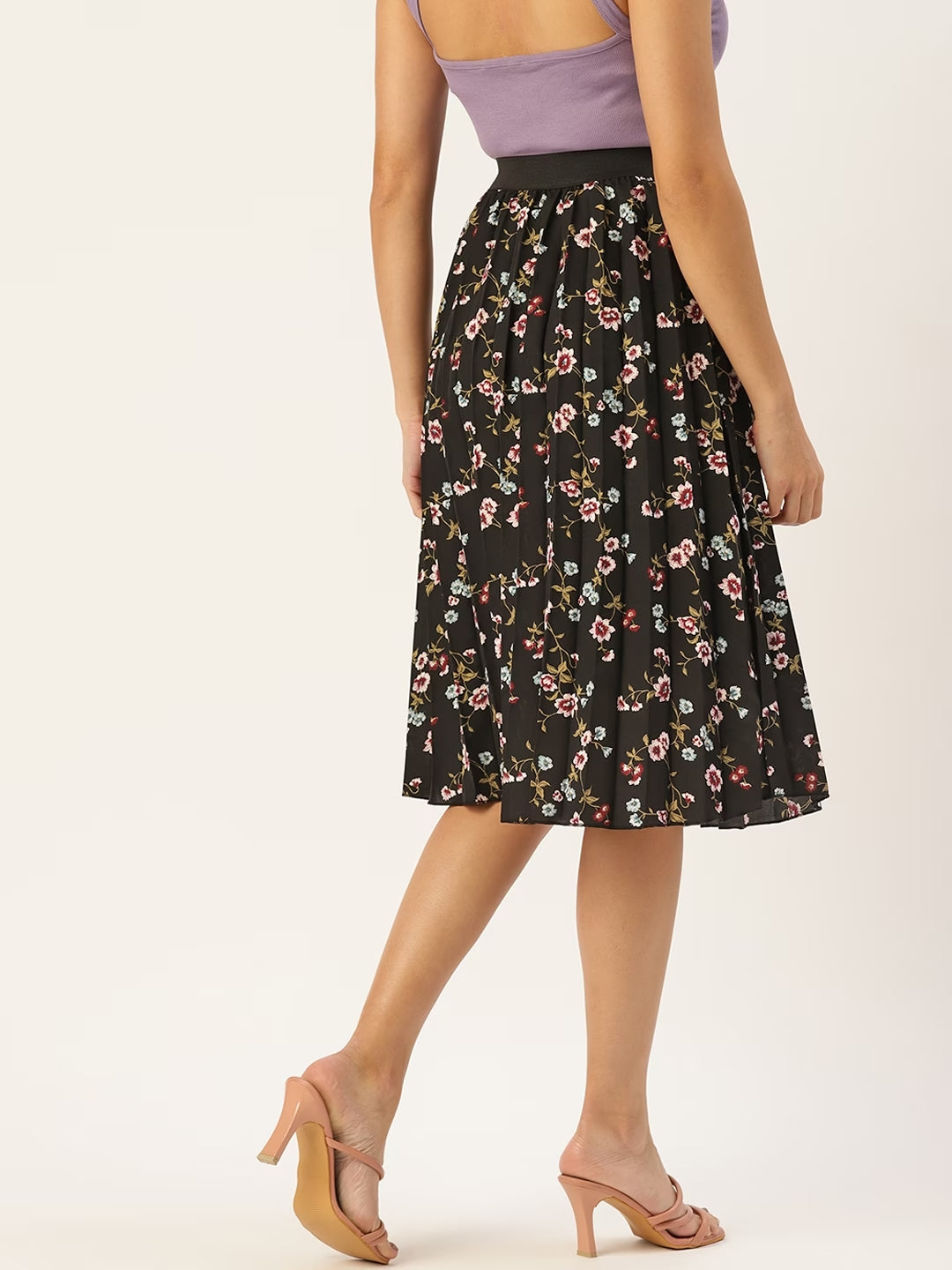 Women Floral Print Flared Pleated A-Line Midi Skirt