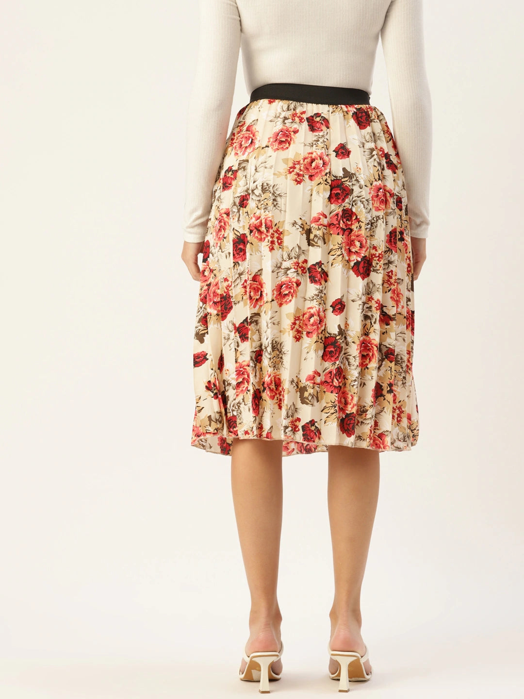 Women Floral Print Flared Pleated A-Line Midi Skirt
