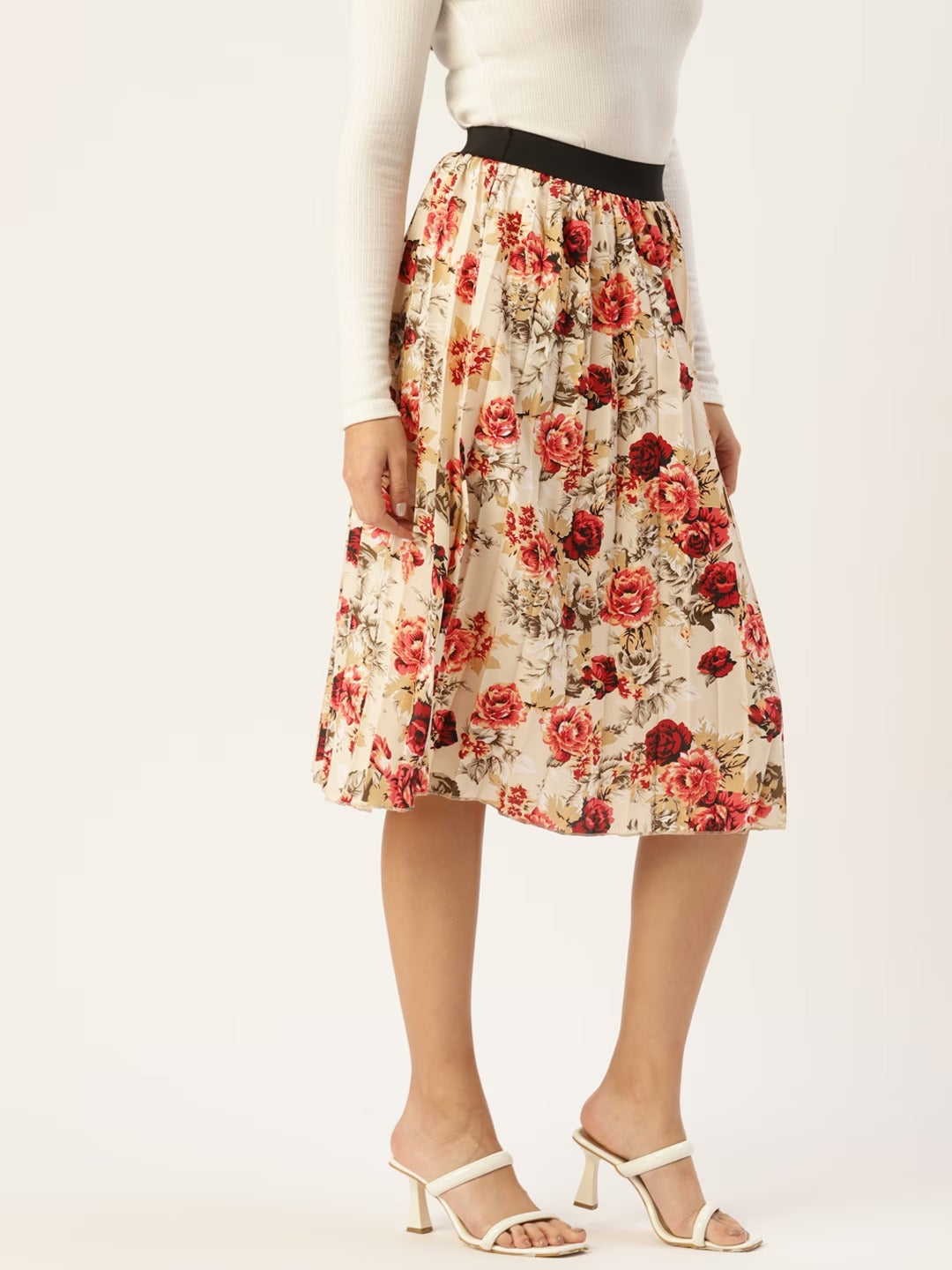Women Floral Print Flared Pleated A-Line Midi Skirt