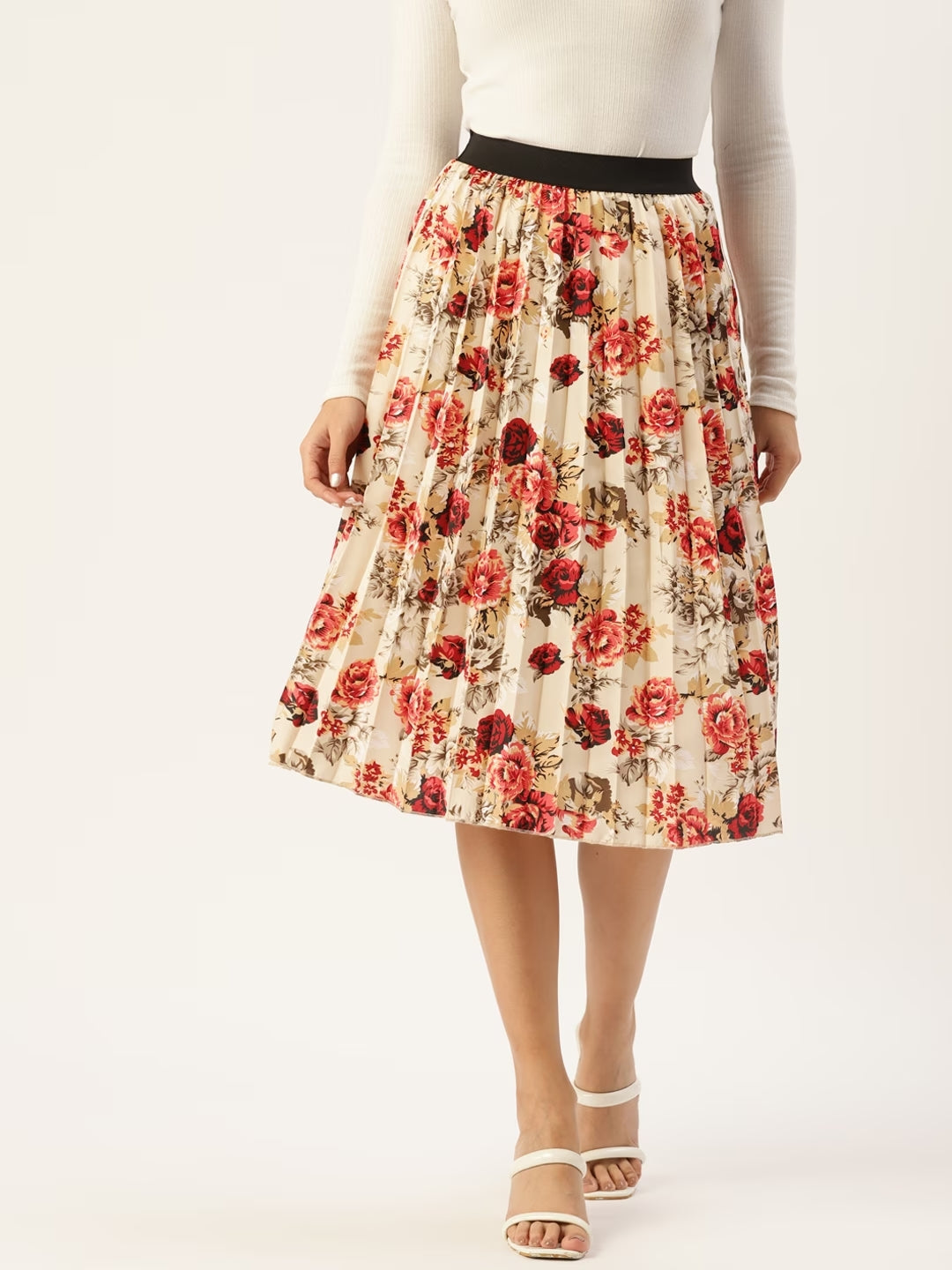 Women Floral Print Flared Pleated A-Line Midi Skirt