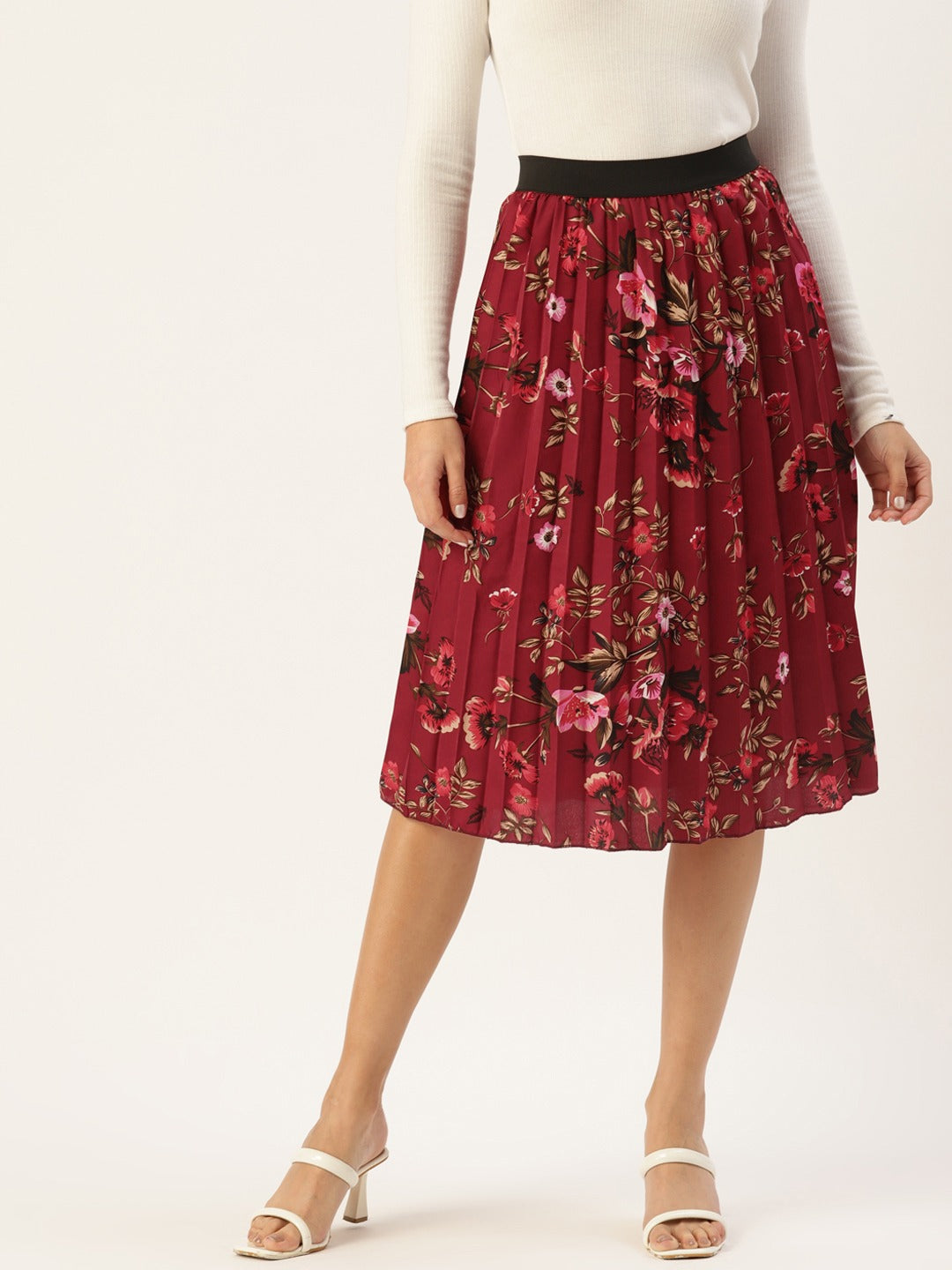 Women Floral Print Flared Pleated A-Line Midi Skirt