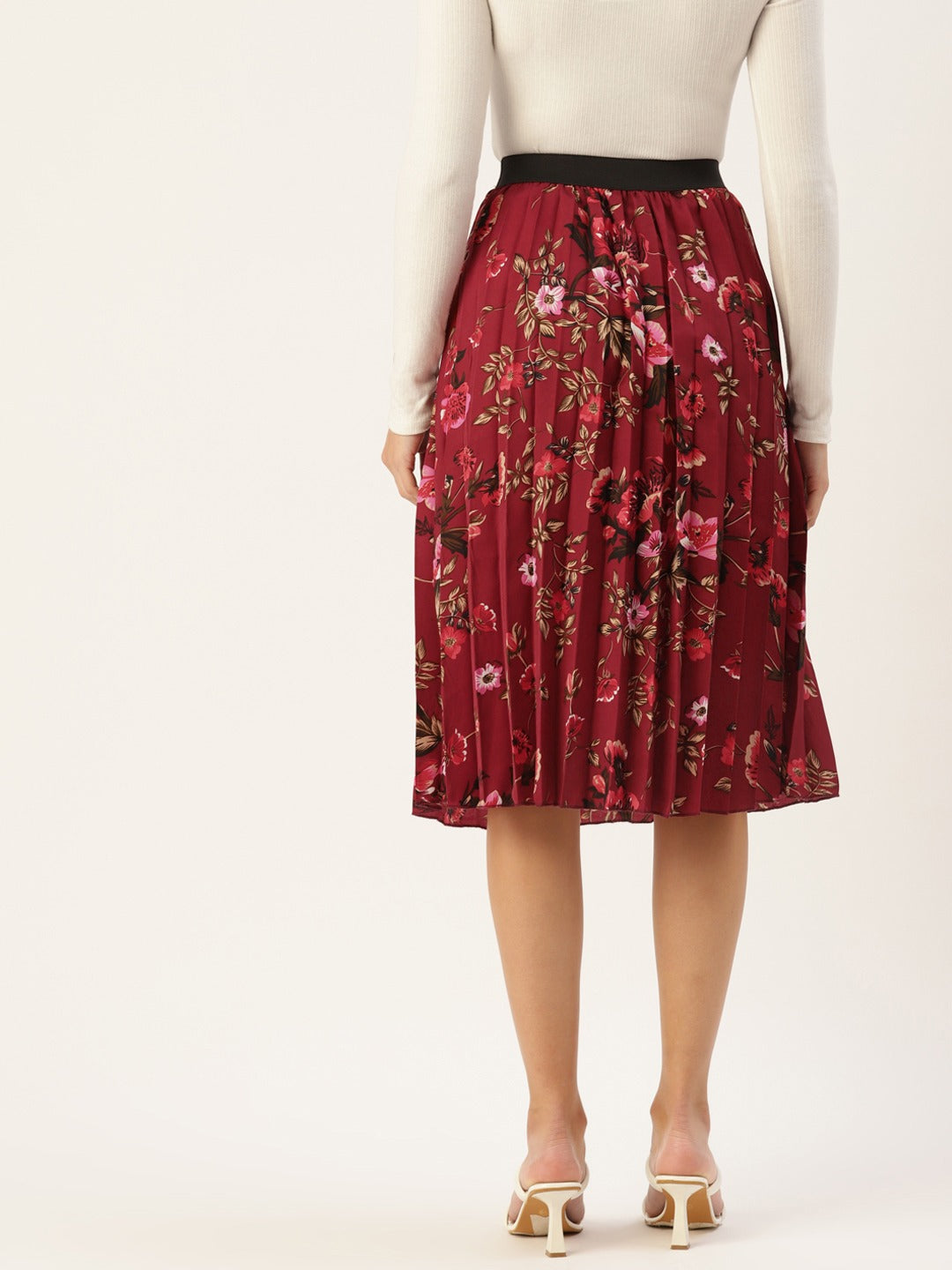 Women Floral Print Flared Pleated A-Line Midi Skirt