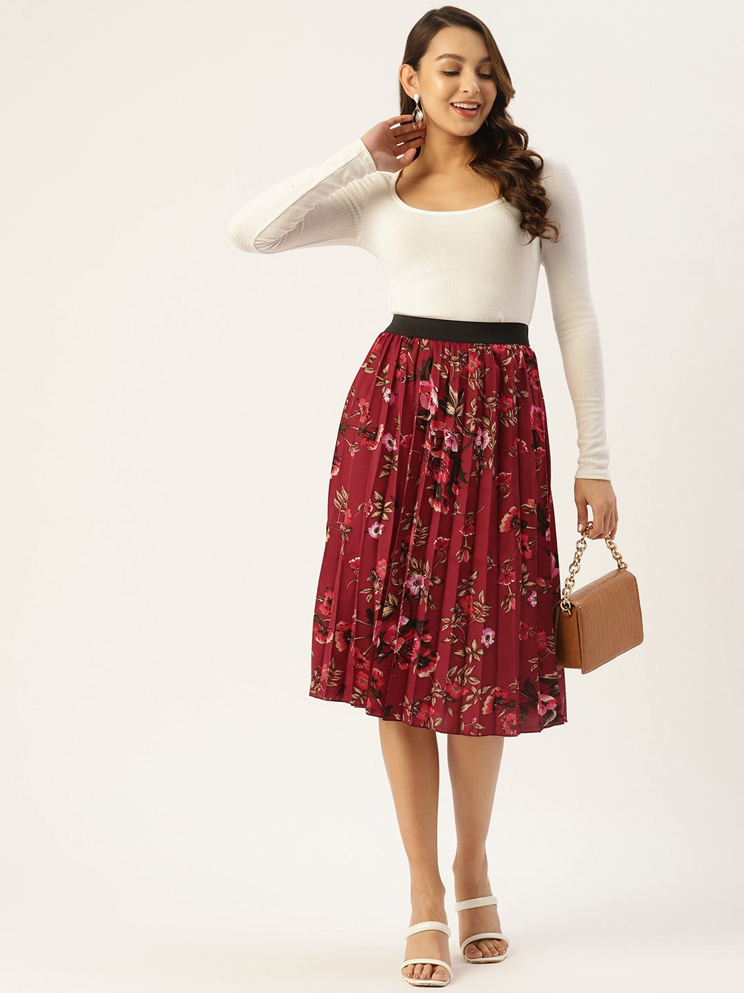 Women Floral Print Flared Pleated A-Line Midi Skirt
