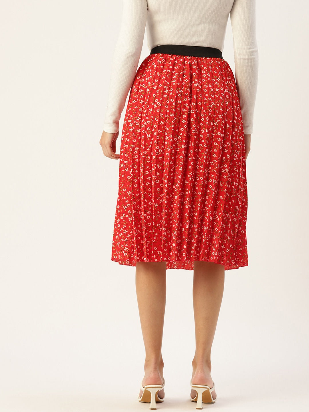 Women Floral Print Flared Pleated A-Line Midi Skirt