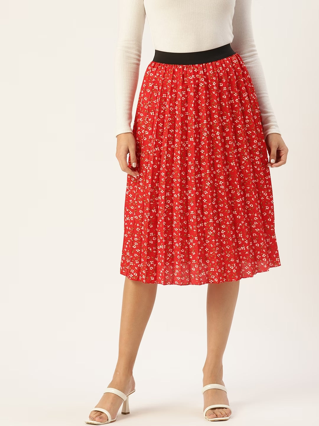 Women Floral Print Flared Pleated A-Line Midi Skirt