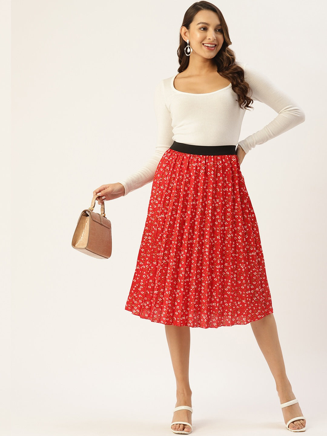 Women Floral Print Flared Pleated A-Line Midi Skirt
