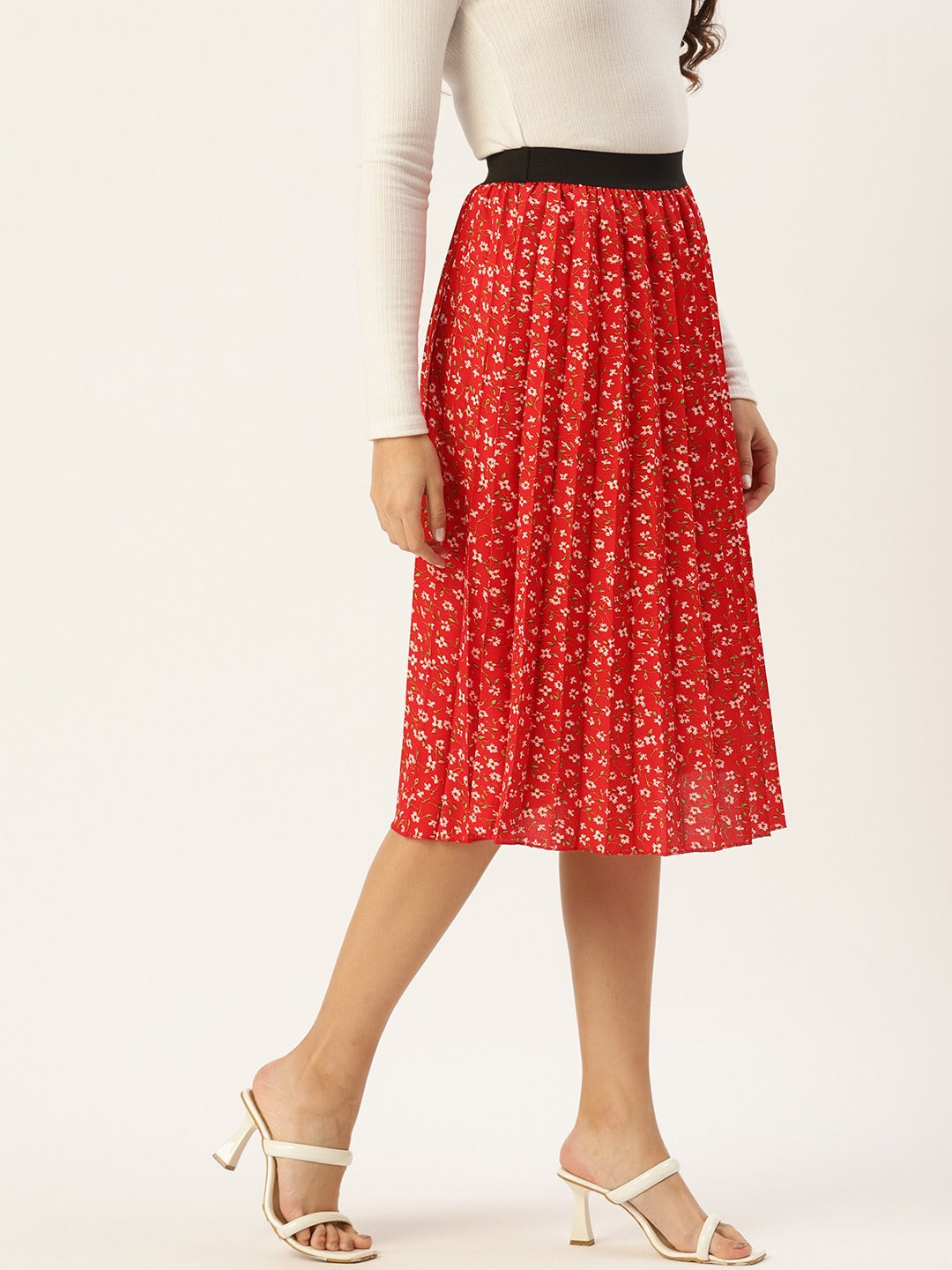 Women Floral Print Flared Pleated A-Line Midi Skirt