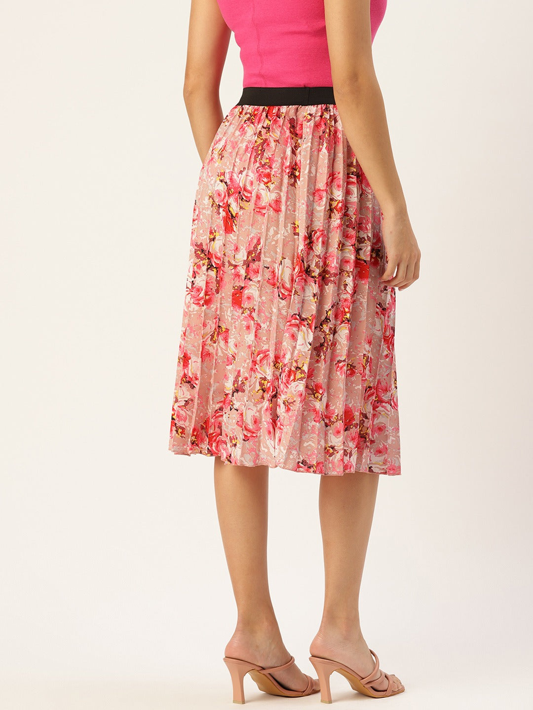 Women Floral Print Flared Pleated A-Line Midi Skirt