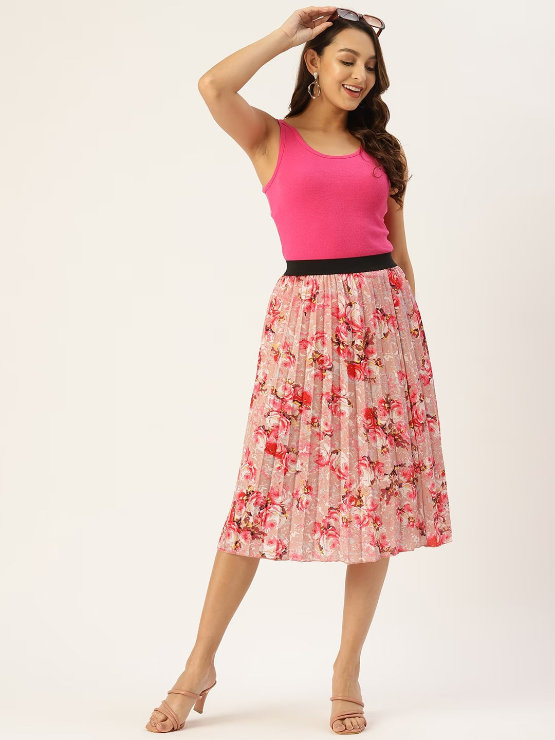 Women Floral Print Flared Pleated A-Line Midi Skirt
