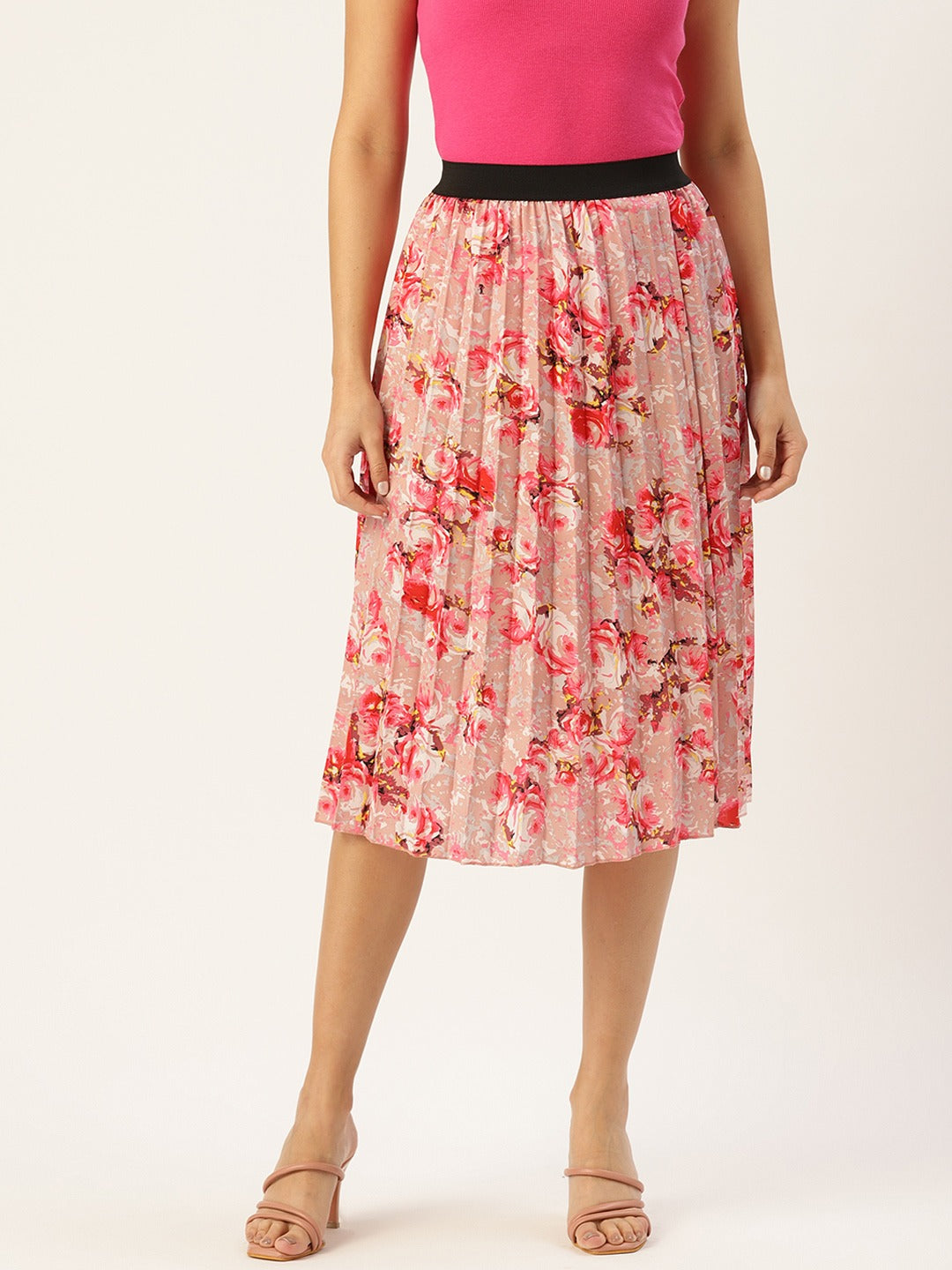 Women Floral Print Flared Pleated A-Line Midi Skirt