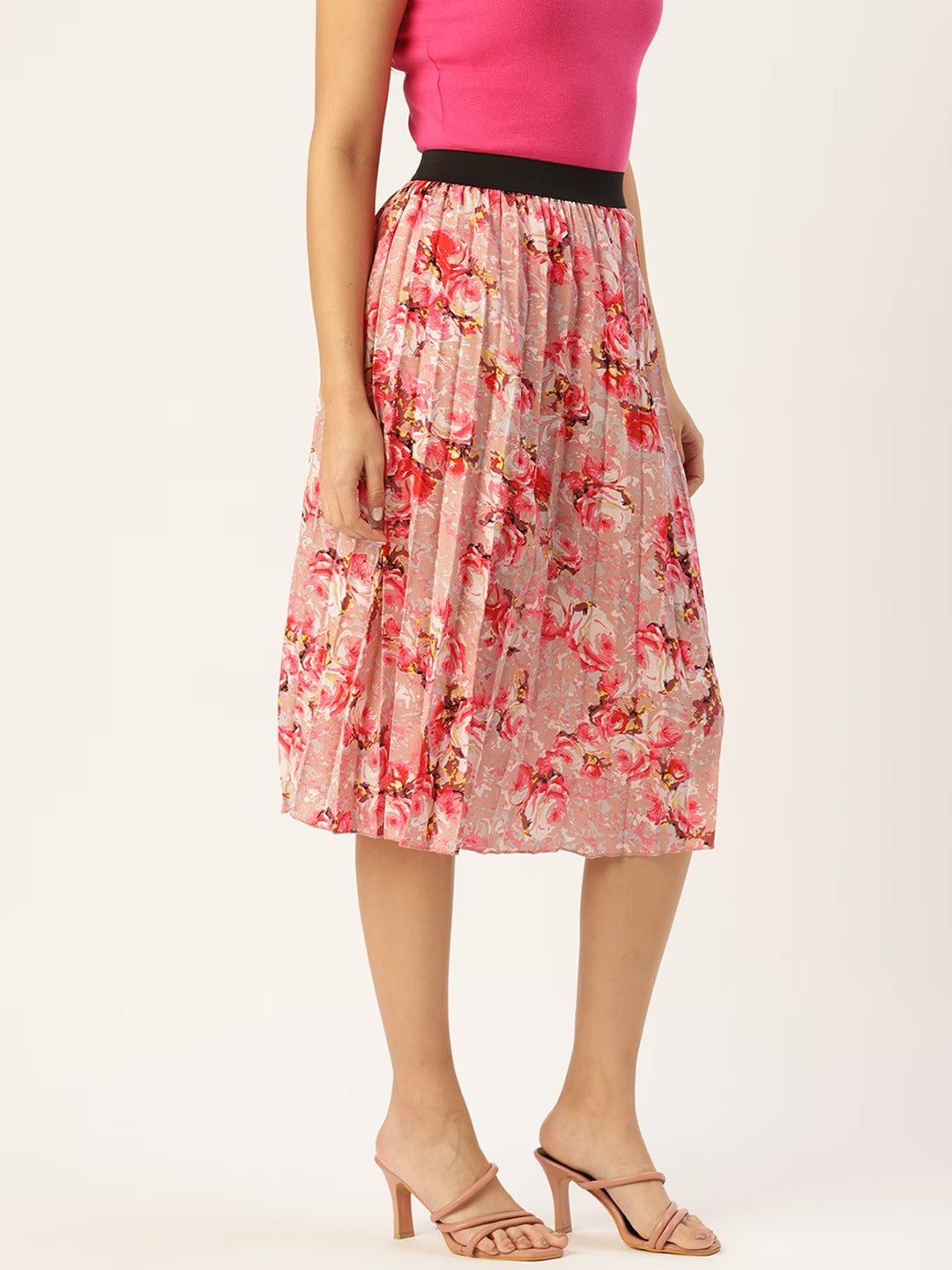 Women Floral Print Flared Pleated A-Line Midi Skirt