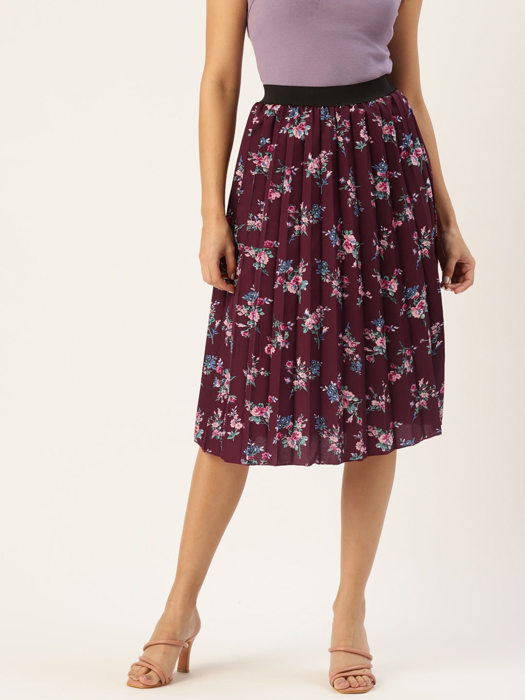 Women Floral Print Flared Pleated A-Line Midi Skirt