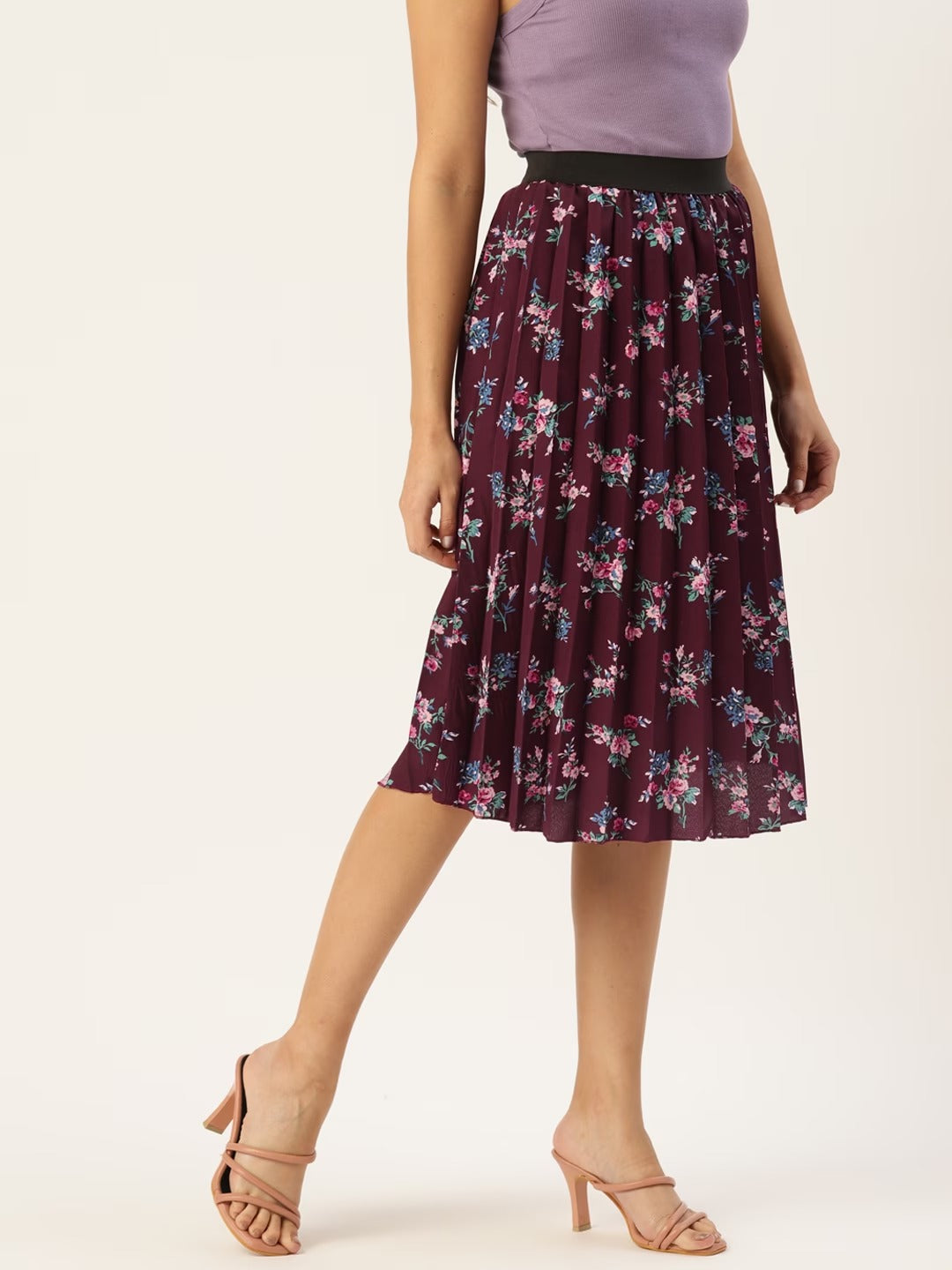 Women Floral Print Flared Pleated A-Line Midi Skirt