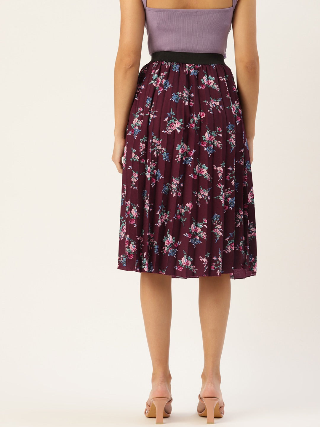 Women Floral Print Flared Pleated A-Line Midi Skirt