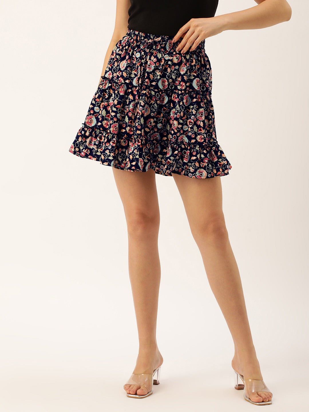 Women Floral Printed Crepe Gathered A-Line Mini Skirt