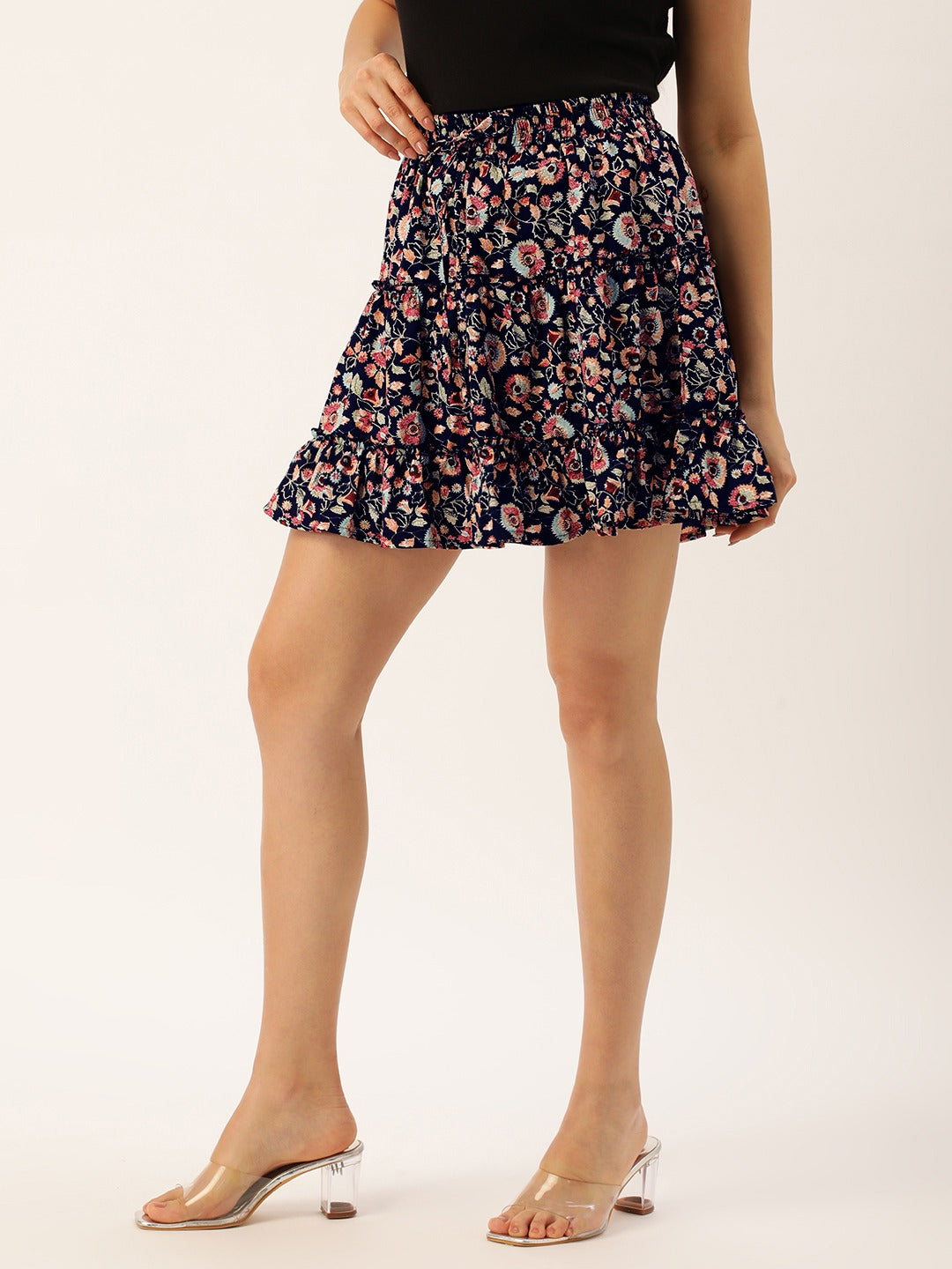 Women Floral Printed Crepe Gathered A-Line Mini Skirt