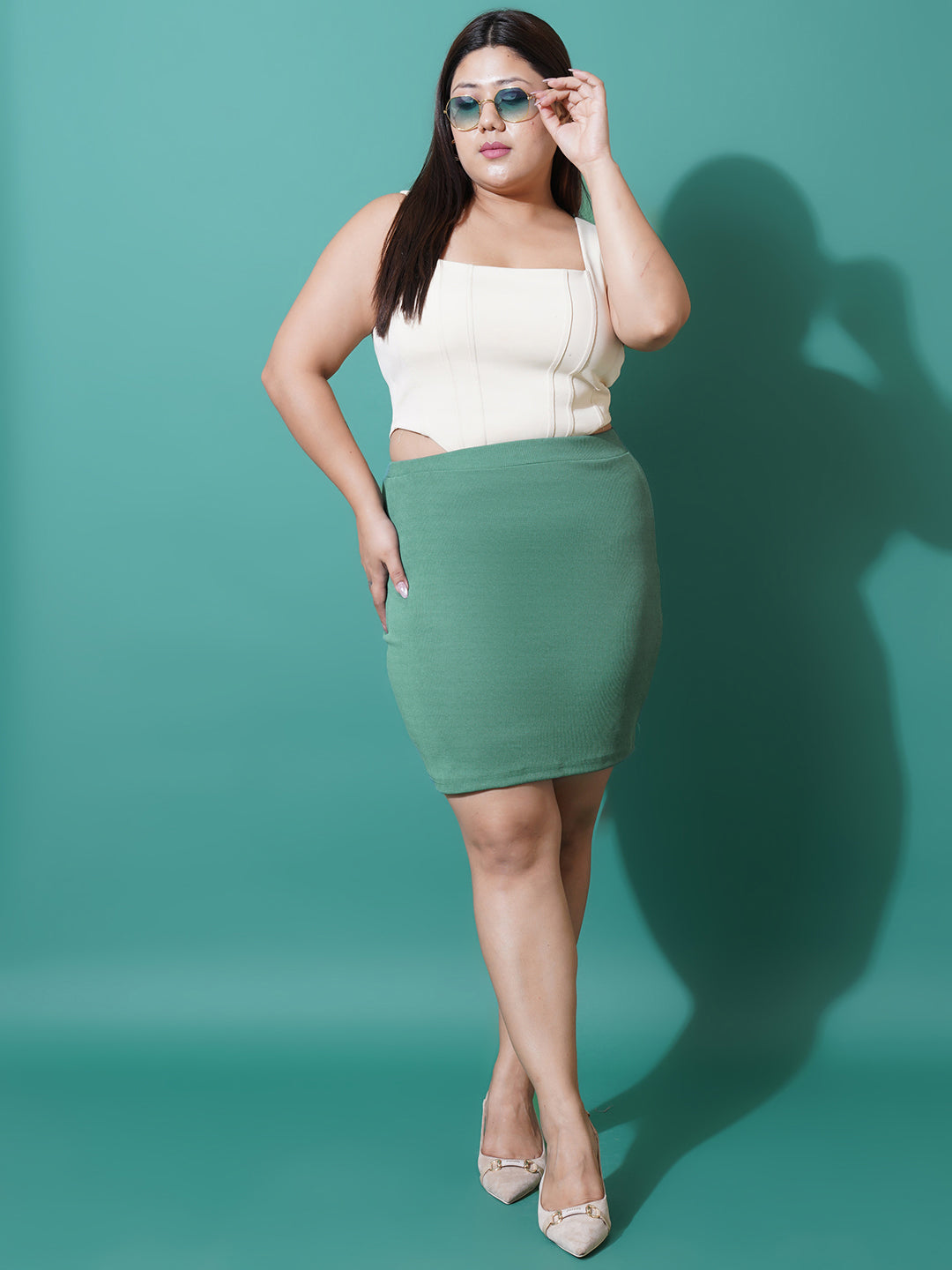 Women Plus Size Sea Green Straight Knee Length Skirt