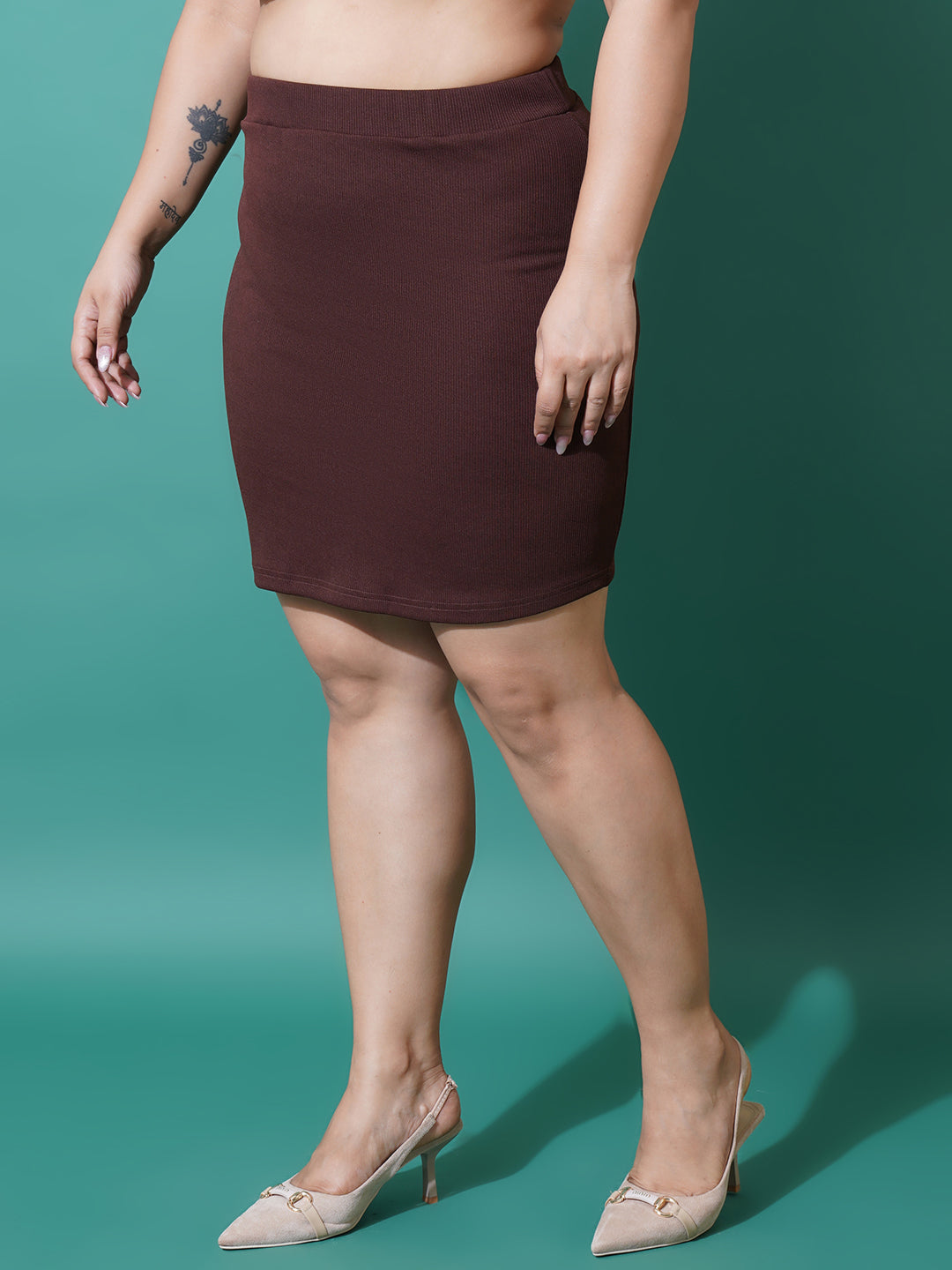 Women Plus Size Brown Straight Knee Length Skirt