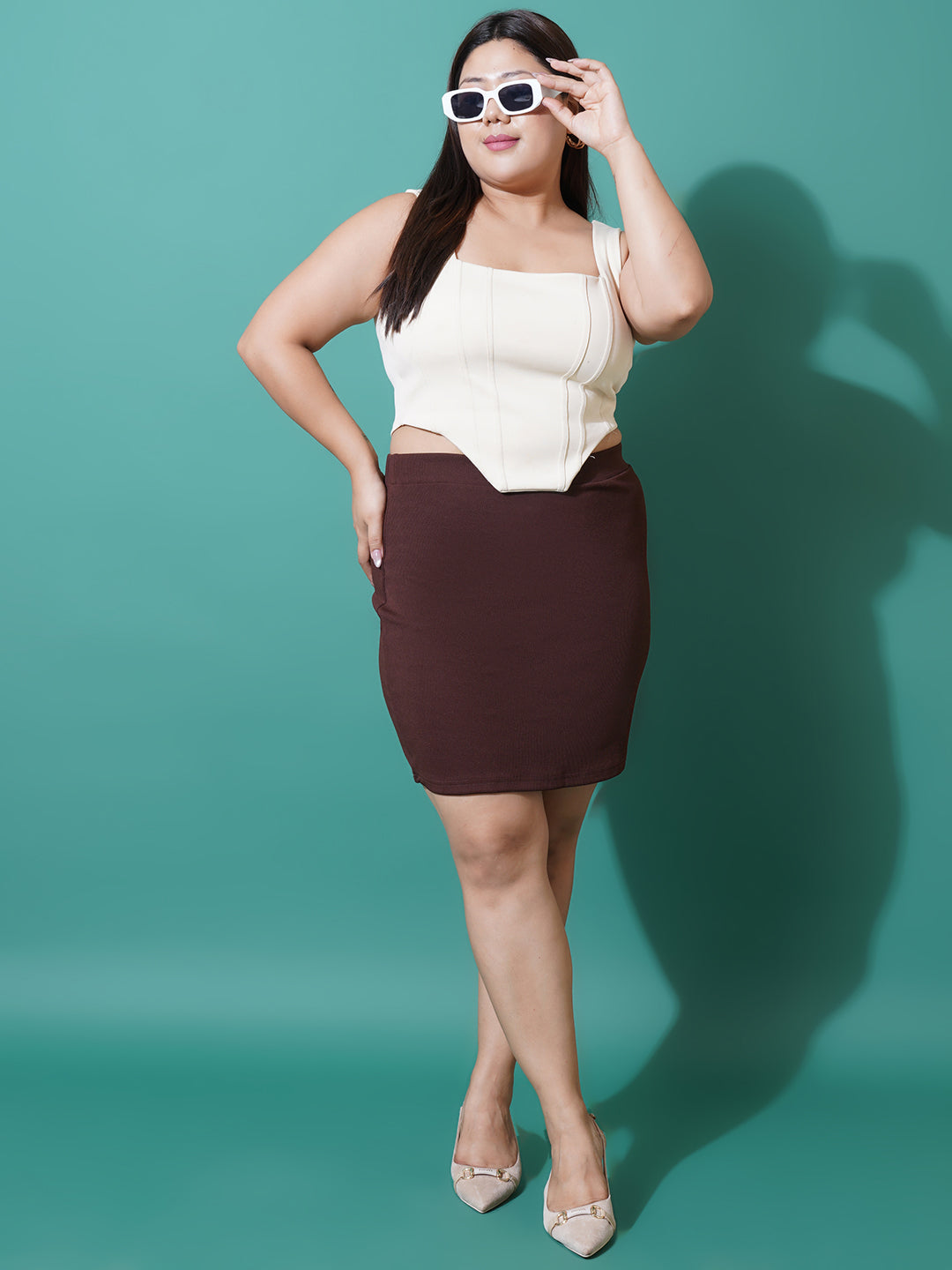 Women Plus Size Brown Straight Knee Length Skirt