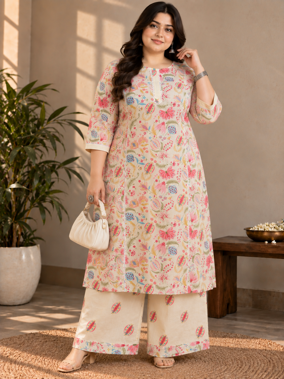 U&F Beyond Women’s Plus Size Multicolor Floral Printed Cotton Kurta Set