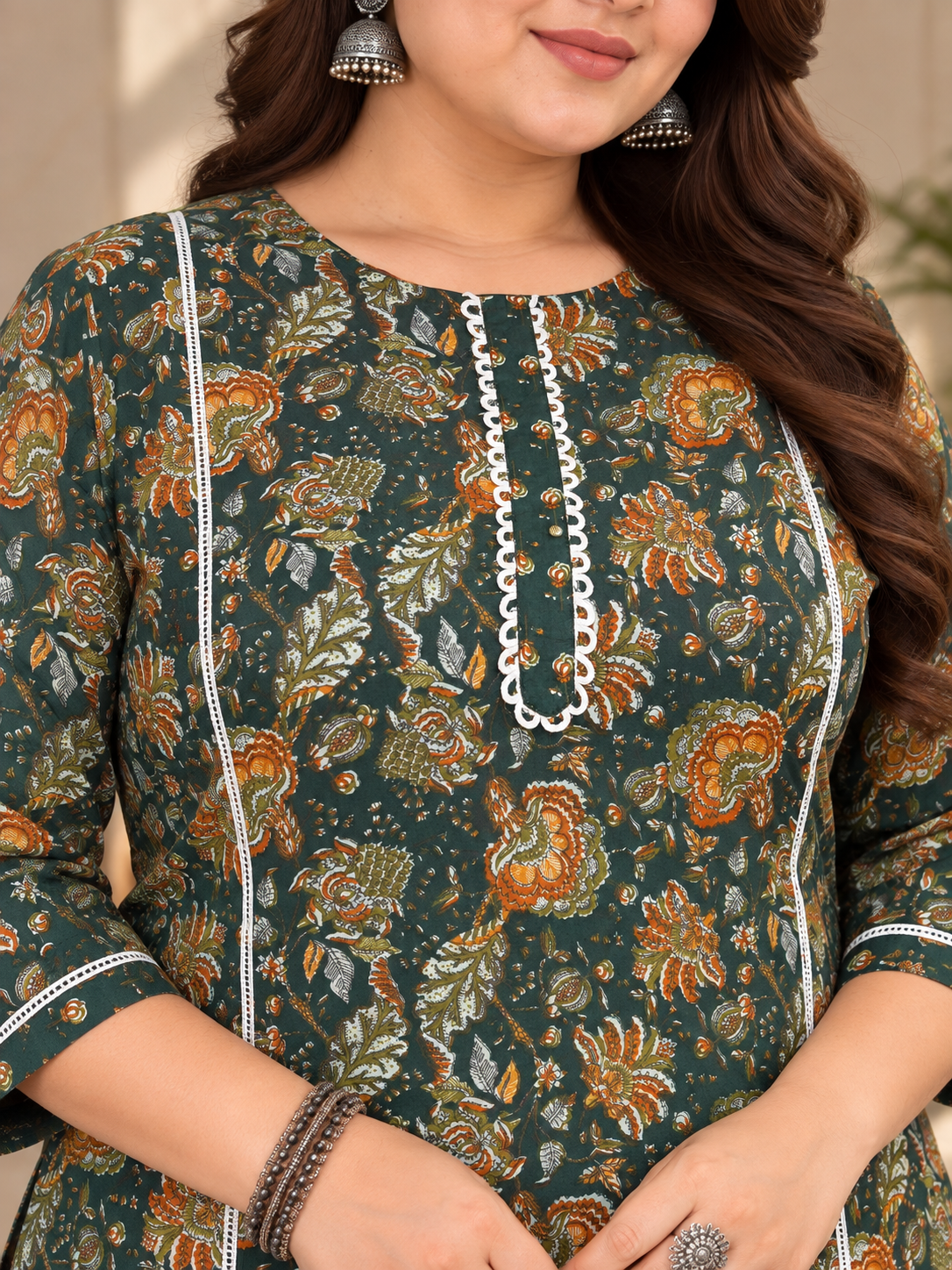 U&F Beyond Plus Size Dark Green Printed Cotton Kurta Palazzo Set