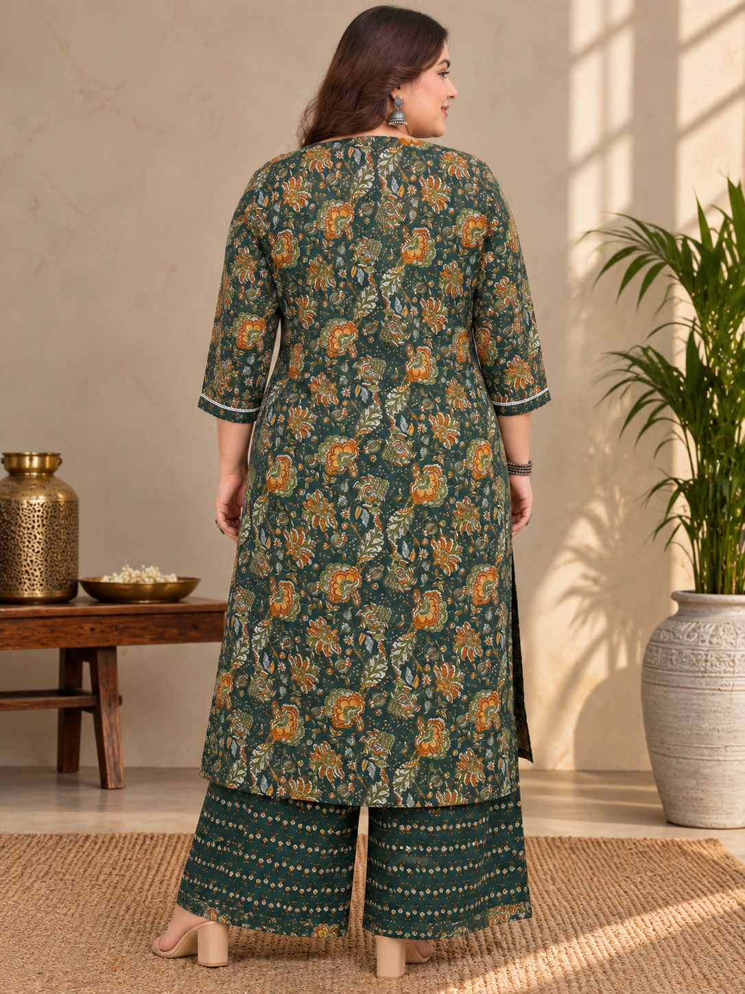 U&F Beyond Plus Size Dark Green Printed Cotton Kurta Palazzo Set