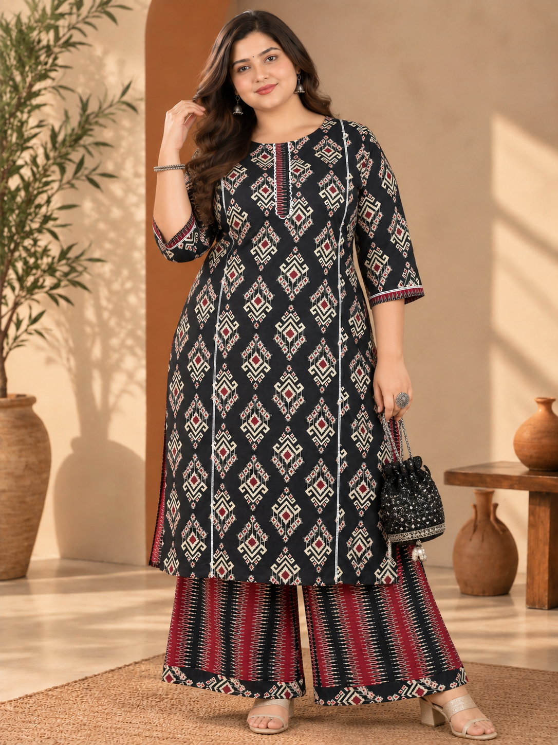 U&F Beyond Plus Size Black & Maroon Ikat Print Cotton Kurta & Wide-Leg Palazzo Set