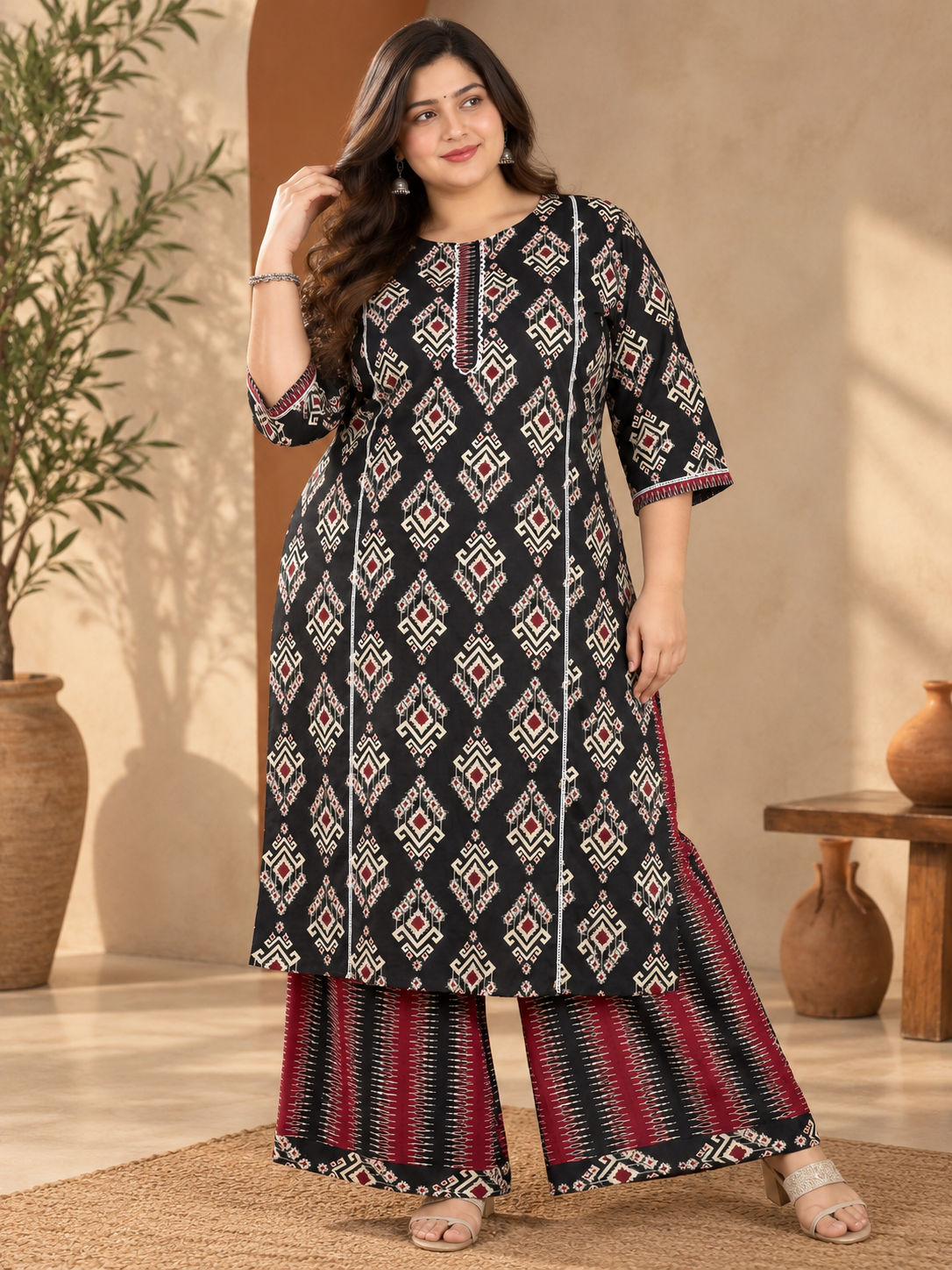 U&F Beyond Plus Size Black & Maroon Ikat Print Cotton Kurta & Wide-Leg Palazzo Set